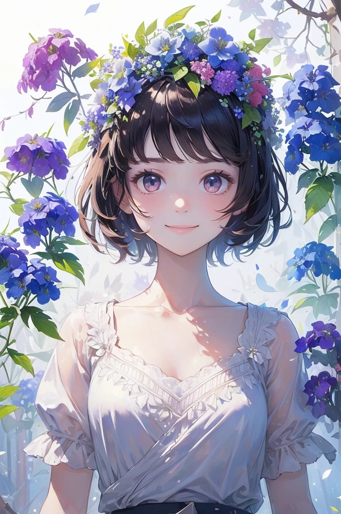 (masterpiece、highest quality、highest quality、Beautiful and beautiful:1.2)、(Good anatomy:1.5)、Drawing of a girl with straight short hair、White blouse、Shy smile、looking at the camera、put flowers and leaves on your head、Nemophila