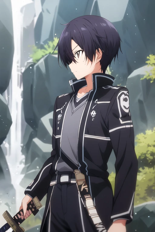 Elvino standing,BREAK (draws black Japanese sword from sheath at waist),BREAK (black jacket) (black trousers), teenage boy, /(black hair/) bags, cool expression, kirito, (slight smile:0.5 ), dignified, (best quality masterpiece :1.2) ultra-detailed fine illustrations, BREAK (holding (katana sword:1.2)), (gleaming blade), (holding sword sheath) BREAK (sacred rocky area) outdoors, waterfall , Japan, daylight, detailed background