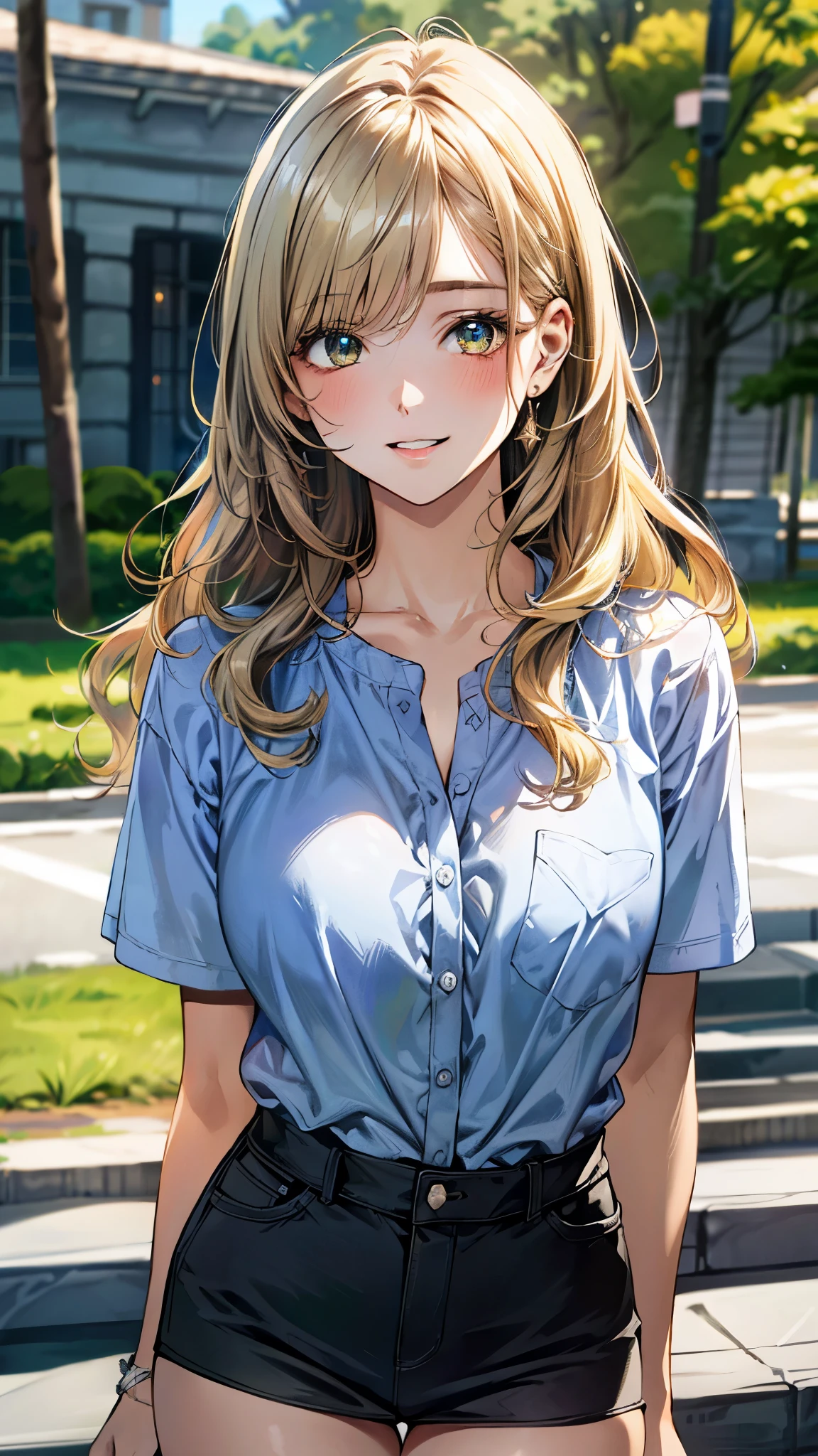 (masterpiece:1.3, top-quality, ultra high resolution, ultra detailed), (realistic, photorealistic:1.4), beautiful illustration, perfect lighting, natural lighting, depth of fields,
beautiful detailed hair, beautiful detailed face, beautiful detailed eyes, beautiful clavicle, beautiful body, beautiful chest, beautiful thigh, beautiful legs, beautiful hands,
looking at viewer, 1 girl, high school girl, (perfect ???????, anatomically correct), cute and symmetrical face, babyface, perfect face, perfect eyes, shiny skin,
(middle hair:1.8, wavy hair, (blond hair)), asymmetrical bangs, dark green eyes, long eye lasher, (large breasts, juicy thighs, attractive thighs),
(blue gray ruffled hoodle, open shirt, black denim skirt),
(beautiful scenery), evening, (outdoors), standing, (lovely smile, upper eyes, parted lips),