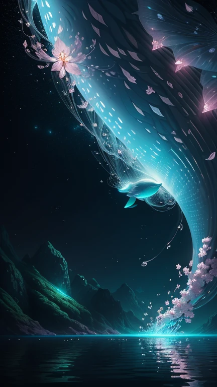 In the realm of whimsical fantasy, a majestic and translucent Whale takes to the skies, defying the very laws of nature. Its colossal form glows with a luminescent radiance, each fluid curve and wrinkle captured in exquisite detail in this high-resolution image. Cherry blossoms drift gently through the air around it, their delicate petals unfurling and cascading like rain, falling freely from the branches of ethereal trees that cling tensely to the wondrous behemoth's humongous body.
The fantasy landscape that surrounds this aerial spectacle is alive with vibrant colors, as if illuminated by