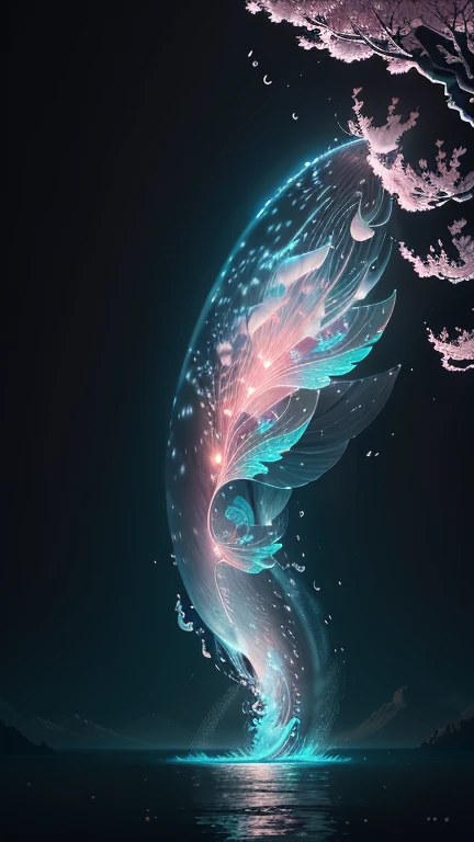 In the realm of whimsical fantasy, a majestic and translucent Whale takes to the skies, defying the very laws of nature. Its colossal form glows with a luminescent radiance, each fluid curve and wrinkle captured in exquisite detail in this high-resolution image. Cherry blossoms drift gently through the air around it, their delicate petals unfurling and cascading like rain, falling freely from the branches of ethereal trees that cling tensely to the wondrous behemoth's humongous body.

The fantasy landscape that surrounds this aerial spectacle is alive with vibrant colors, as if illuminated by