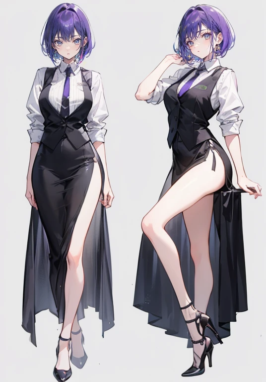 ((Perfect Face)),Purple Hair,Very Short Hair,1 female,bartender,,Black vest,Shirt with rolled up sleeves,tie,slit,High heels,,((Simple Background)),smile,((Full Body)),((full body)),