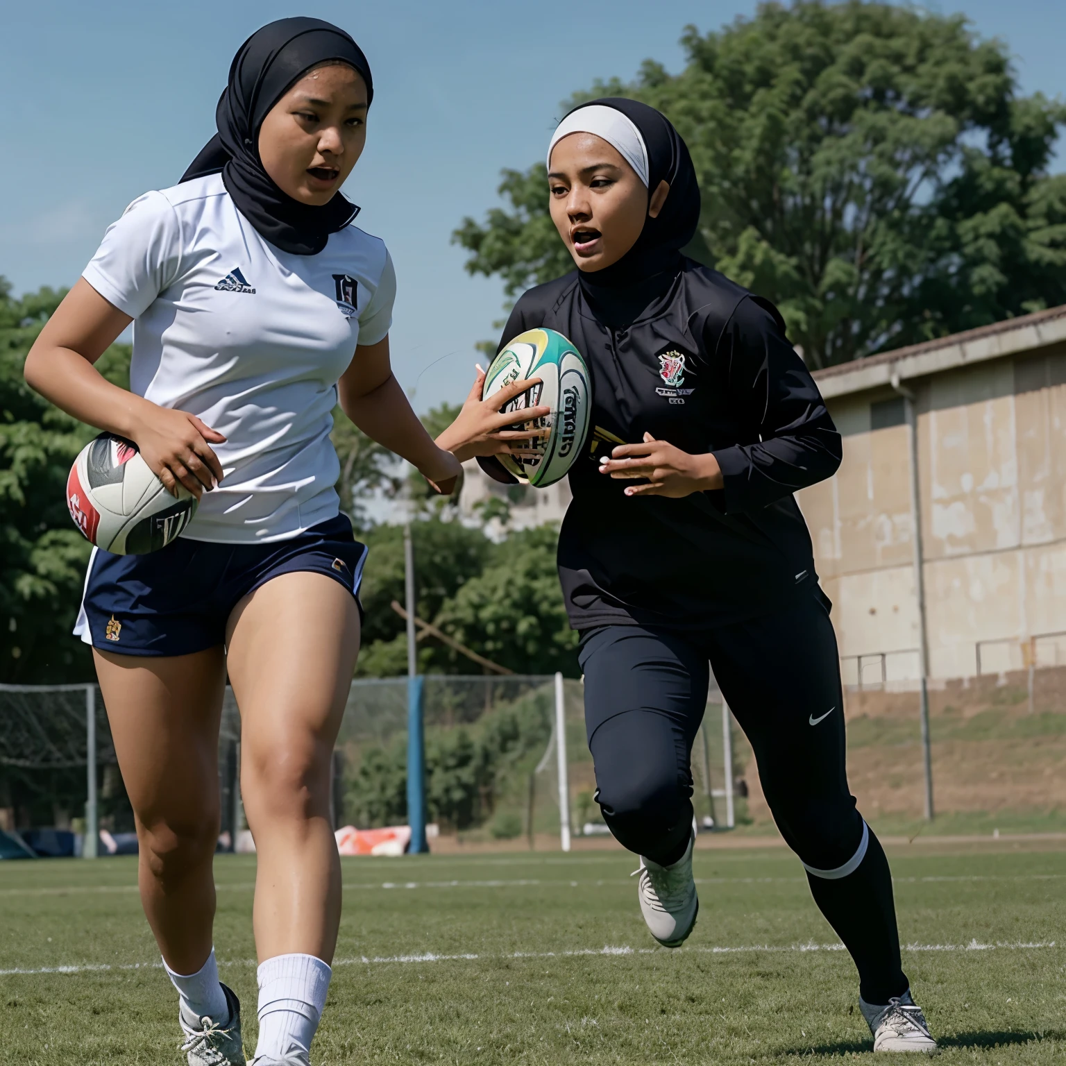 A girls in hijab Malaysian, playing touch rugby. At same time team mate running in the field with rugby ball. The field is green grass, the support parent also outside of field yelling in joys. 