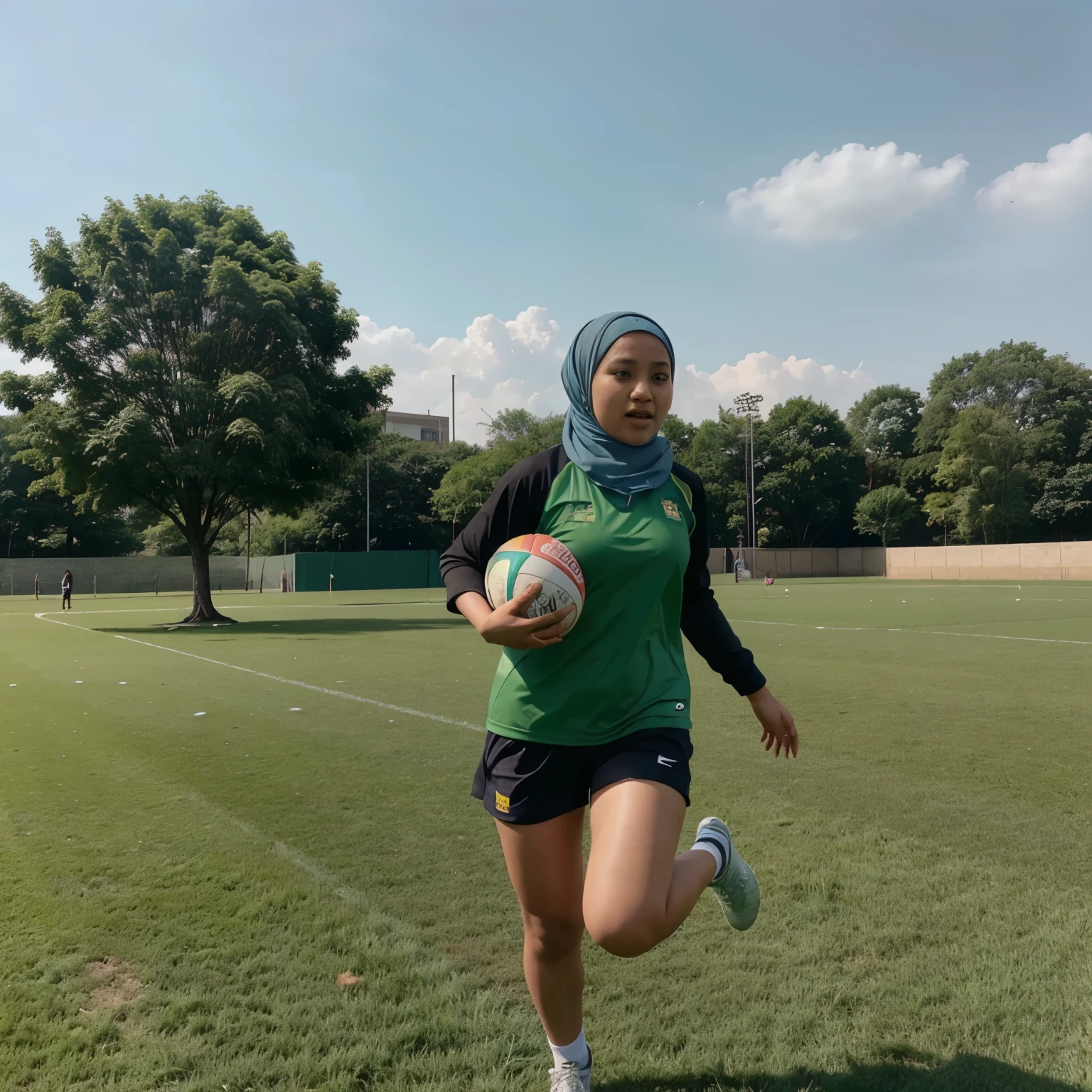A girls in hijab Malaysian, playing touch rugby. At same time team mate running in the field with rugby ball. The field is green grass, the support parent also outside of field yelling in joys.