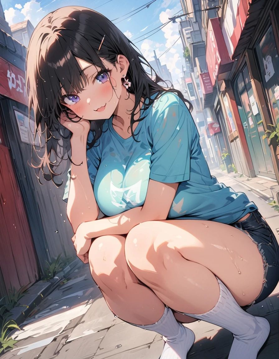 (masterpiece:1.4),(highest quality:1.4),超High resolution,((detailedな顔の特徴)),High resolution,8k resolution,One girl,blue sky,The mouth is distorted / :3,(Shiny),street,shirt,Earrings,Short jeans,Large Breasts, Wet Skin,Shiny skin,, ,Wear socks over your knees,View your viewers,Fits perfectly to the skin,Focus Only,Mischievous face,(highest quality、masterpiece、High resolution、detailed)、animeスタイル、Flat Style,  BREAK,1 girl、extremely detailed、Beautiful Eyes, Delicate and beautiful face, High saturation、Dynamic Angle、anime