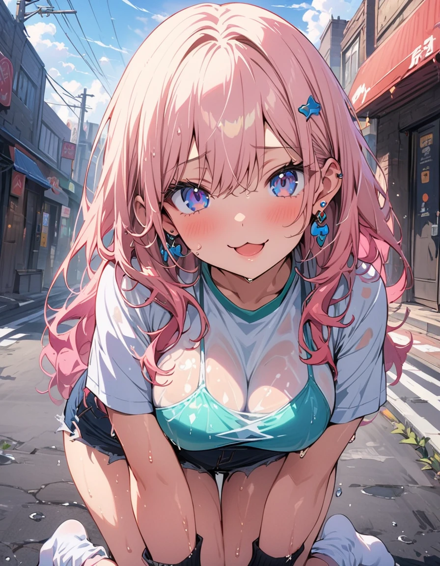 (masterpiece:1.4),(highest quality:1.4),超High resolution,((detailedな顔の特徴)),High resolution,8k resolution,One girl,blue sky,The mouth is distorted / :3,(Shiny),street,shirt,Earrings,Short jeans,Large Breasts, Wet Skin,Shiny skin,, ,Wear socks over your knees,View your viewers,Fits perfectly to the skin,Focus Only,Mischievous face,(highest quality、masterpiece、High resolution、detailed)、animeスタイル、Flat Style, BREAK,1 girl、extremely detailed、Beautiful Eyes, Delicate and beautiful face, High saturation、Dynamic Angle、anime