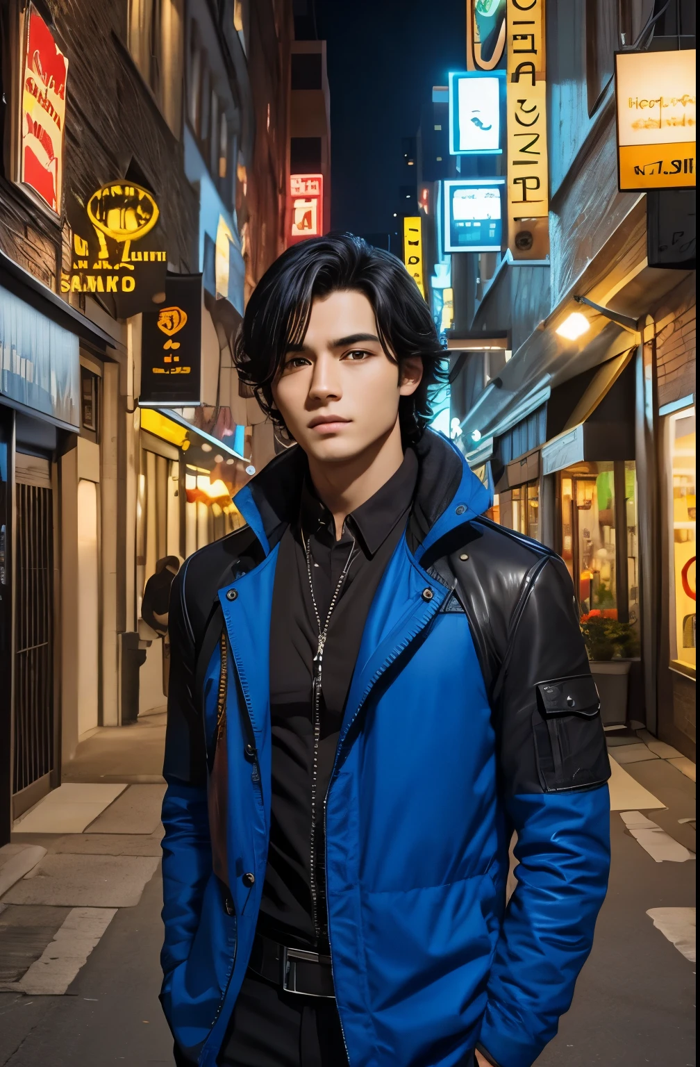 Best quality, masterpiece, ultra high res, (photorealistic:1.4), raw photo, young handsome male, black hair, (night city background:1.2)party