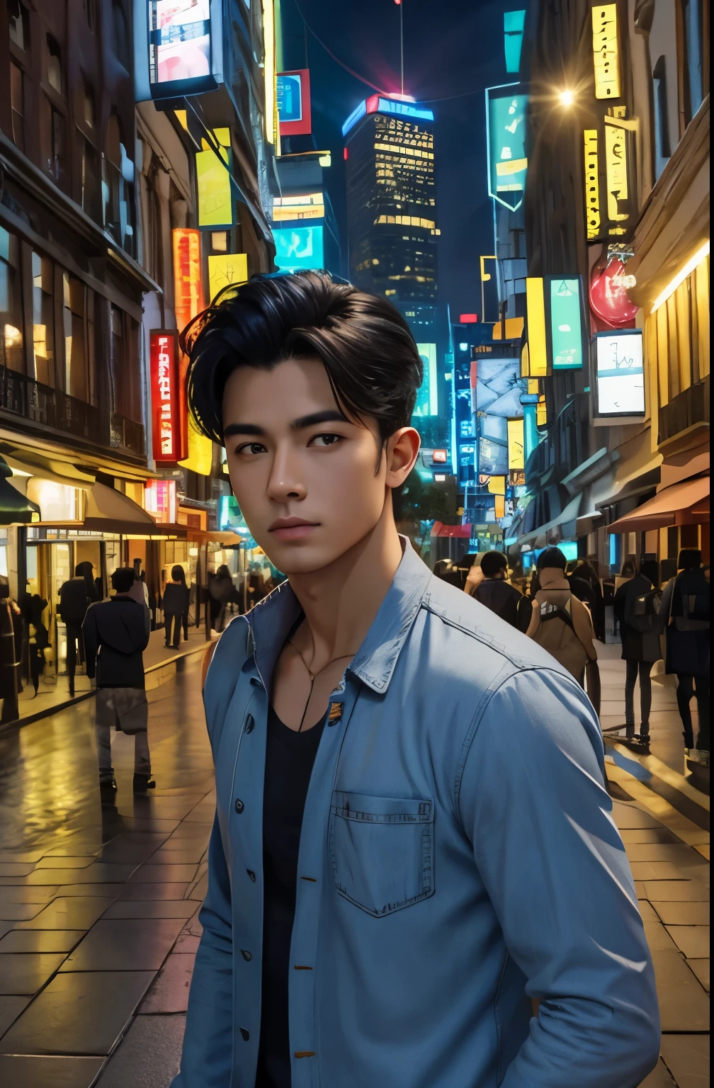 Best quality, masterpiece, ultra high res, (photorealistic:1.4), raw photo, young handsome male, black hair, (night city background:1.2)party