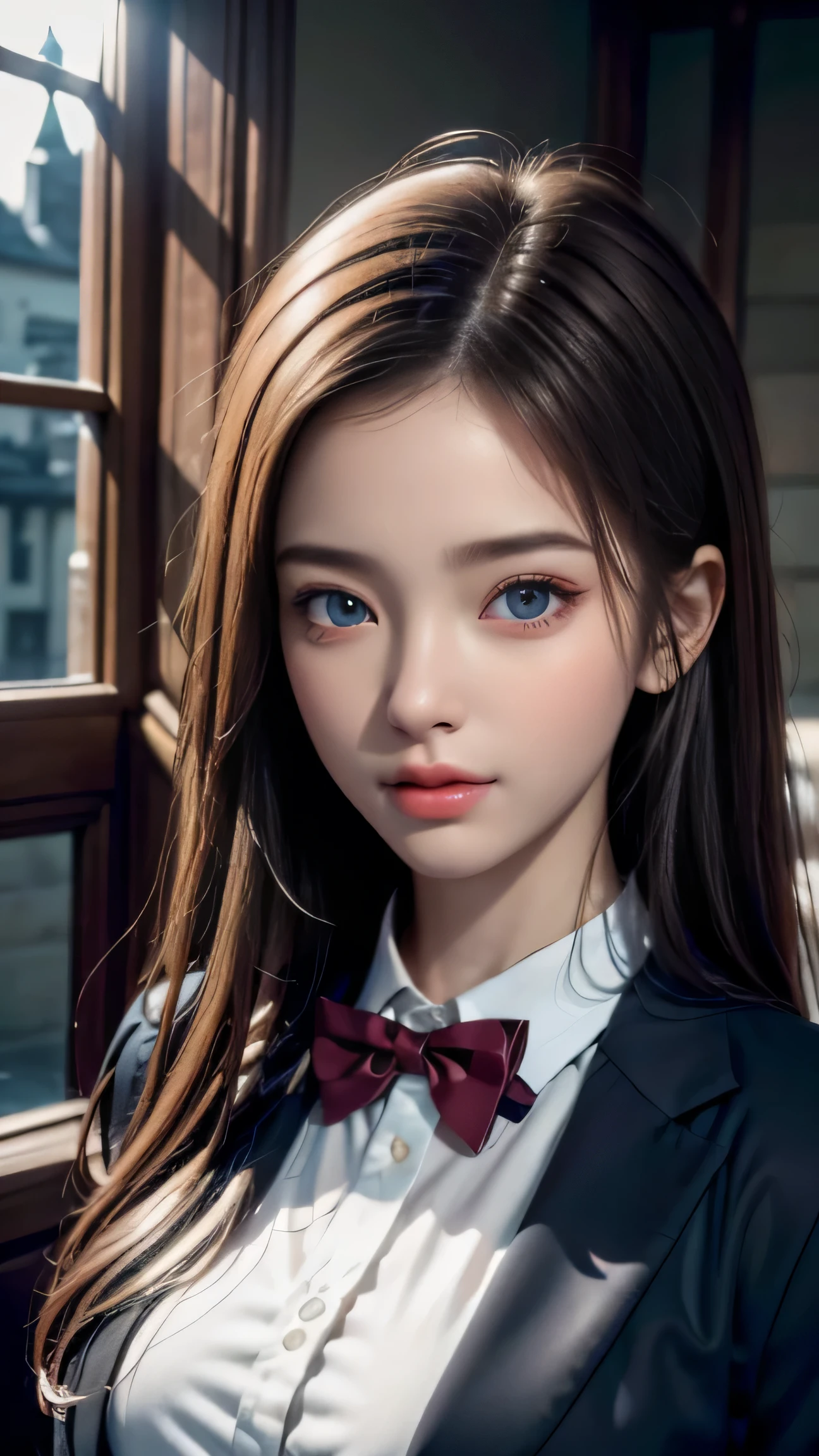 Top quality work,actual work,Ultra Premium Graphics,8K HD CG works,High quality graphics,High-definition CG works,10x pixels,Extremely fine detail:1.1,Advanced Technical Details:1.1 Photorealistic,Indoor lighting effects:1.5,Natural light:1.5. Light effects(virtual Light effects:1.8),超A high resolution,shiny red dress,長いSilver Hair,Silver Hair,Transparent Hair,Hairstyles with great attention to detail(Premium Hair Detail:1.1)Clear Eyes,Beautiful double eyelids,Sharp eye makeup, Delicate eyelash makeup, Thin eyebrows, Highly detailed eyes,High nose, Nice red lips, Rose Cheeks, A face with subtle makeup , Cute face, perfectly balanced face,(Advanced Face Detail:1.1),Shiny,wonderful dress,bright red series,(White Blazer) 、(White blouse)、(Red bow tie)、(Check skirt)、、girl 、photo shoot,woman'artwork of,Full body portrait,realism,wonderful,My eyes are shining today,Shyness、(Shyness puts his hand on his chest),