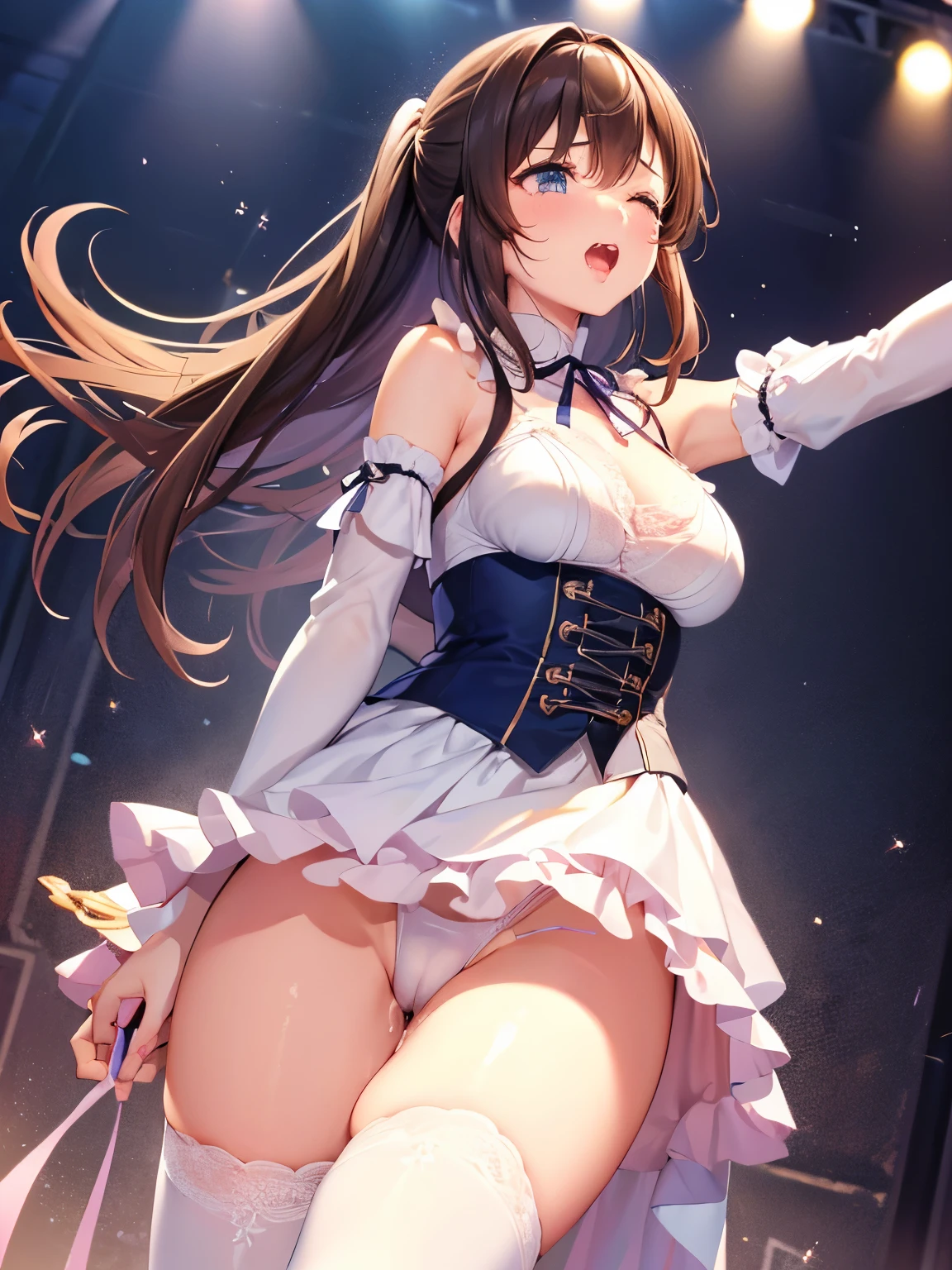 Girl、The exact number of fingers、Exact number of legs、Exact number of arms、Bangs, Ribbon Ponytail, Brown hair, (blush:1), (put one hand in:1.8), fingering, (cat juice:1.2), Mouth, (A woman holding a microphone ready to sing:1.5)、White and Navy Idol Outfit、The outfit includes a navy blue icon style corset., There is a ribbon on the collar of that costume.、Clothing covers shoulders, both sides, upper arm, and weapons., This costume is only open at the chest.、High socks、White idol style skirt, (Delicate and luxurious decorative lingerie:1.3), Ribbon at neckline, (White and pink with lots of lace:1.3), White lace:1.2), Sexy Lingerie, High Leg Raise、 Beautiful big breasts, (stand erect:1), The skirt is rolled up、best quality, high resolution, (Delicate and beautiful eyes:1.6), The face is rich in detail, Perfect lighting, Very detailed CG, (Perfect hands, Perfect anatomical structure),Embarrassed expression、The expression of not wanting to go to the toilet, (Sexual pleasure expression:1.4), (Expression of pain:1.2)、Close your eyes、sexy look、look up、The mouth is half open、、(live stage、Many viewers:1.3)、whole body