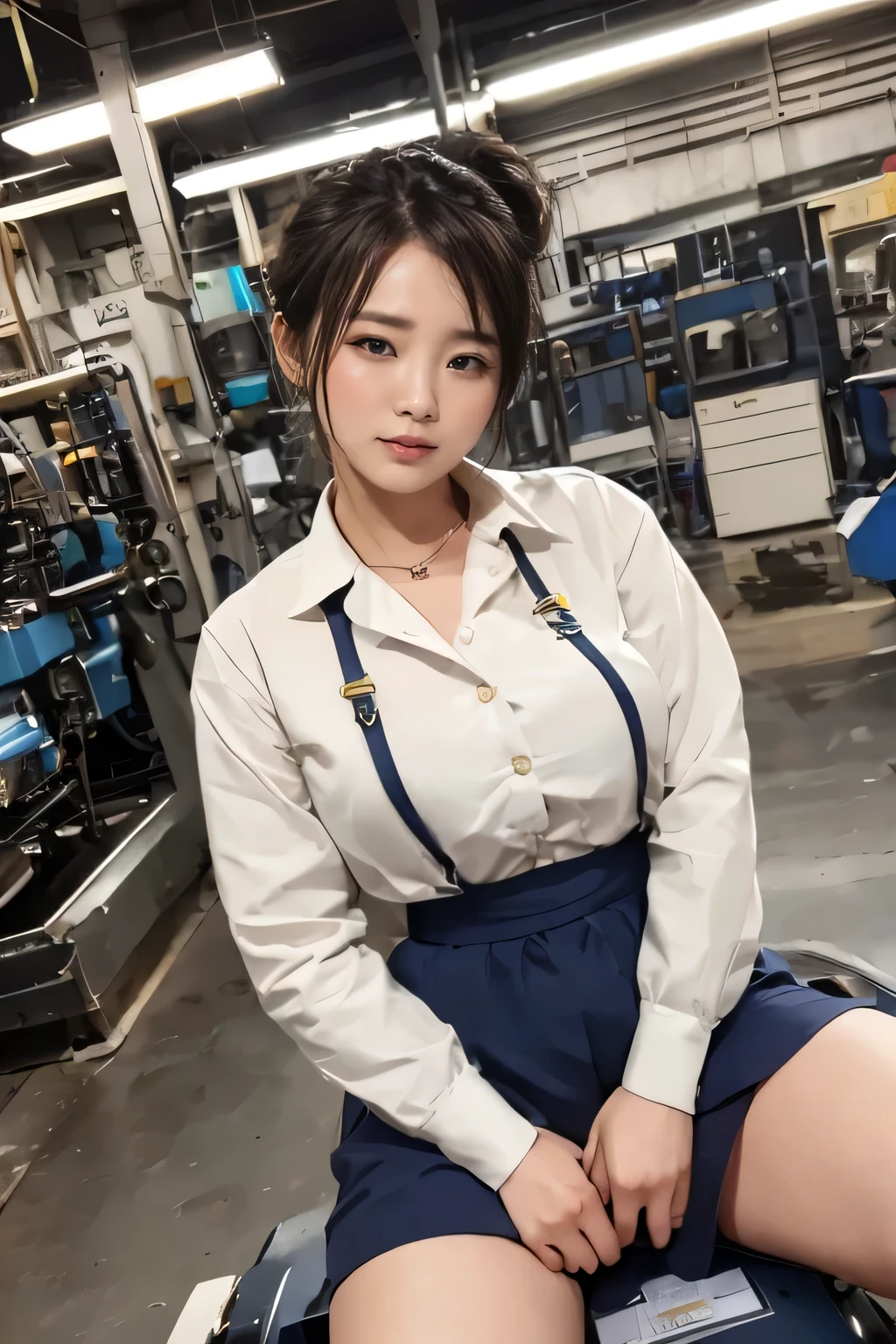 a women, (((round face, hair up))), factory clerk, wearing work clothes, skirt, straddling to hit her crotch on a machine corner, open legs, raise leg, ecstasy face, in the factory, machines, ceiling, nameplate, id card