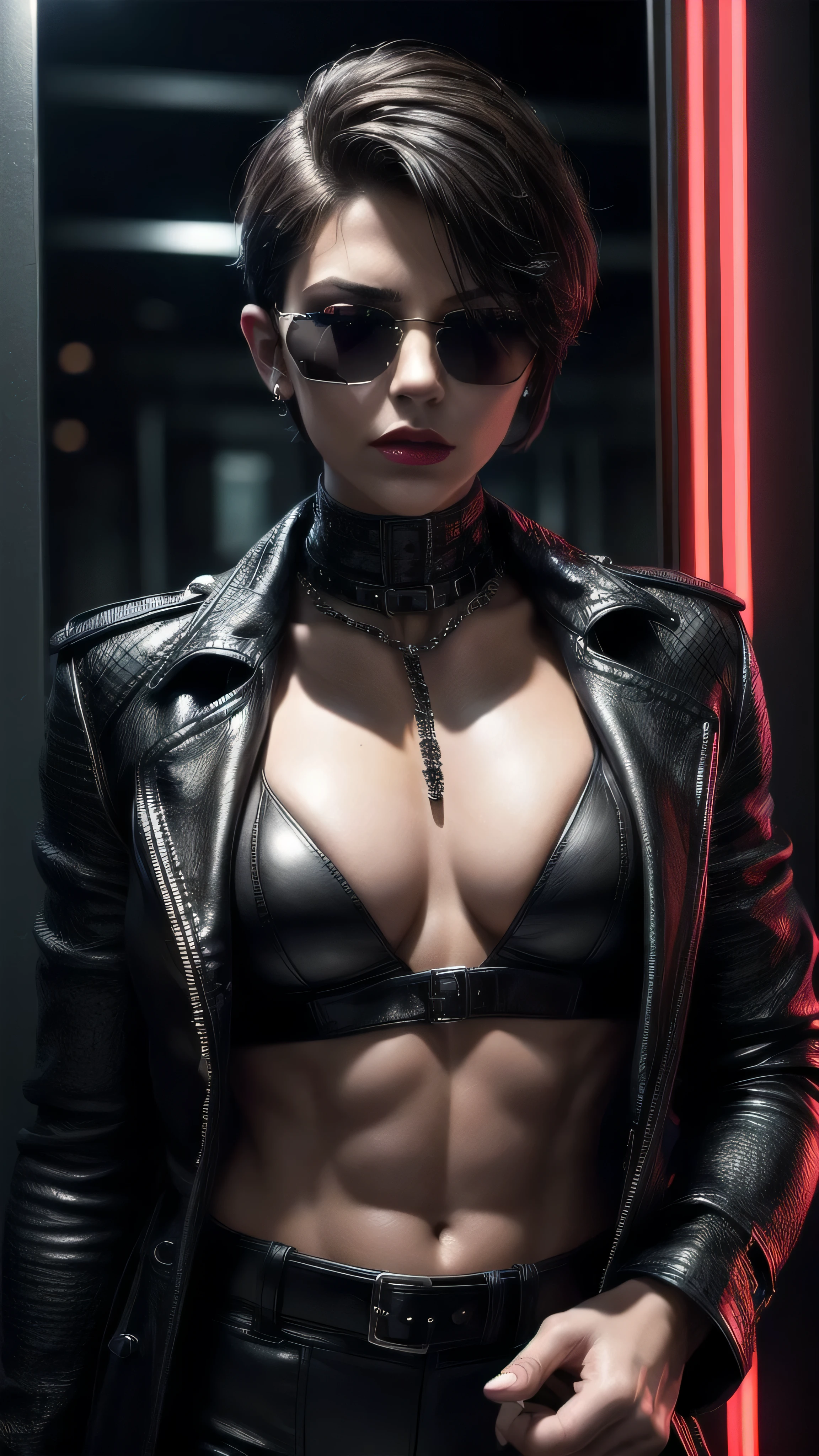 (masterpiece), (extremely intricate:1.3), (realistic), muscular bodybuilder girl, ((short undercut (([blonde hair:dark hair:0.2], [flat chest:large breasts:0.8], upper body, makeup:1.5, black leather trenchcoat, leather pants, perfectchainmailbra, makeup:1.2, mirror sunglasses), red lips, neon night, darkness, shadow), tattoo:1.2)), outdoors, ((cyberpunk street)), professional photograph, sharp focus, dramatic, award winning, cinematic lighting, volumetrics dtx, (film grain, blurry background, blurry foreground, bokeh, depth of field), 8K