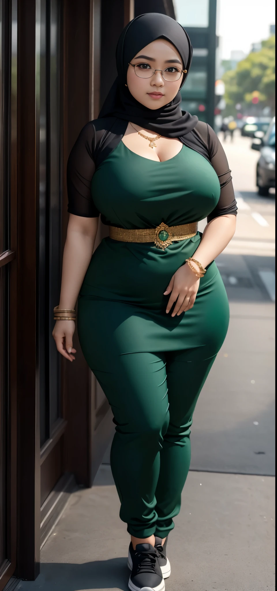 1 malay girl, modern plain hijab, shy, medium portrait, watery eyes, wearing dark green kebaya, ((big breasts)), black bokeh background, well-proportioned body,, chubby massive thighs, full body pose, wearing a necklace , wearing 10 bracelet , wearing a sneaker , glasses 