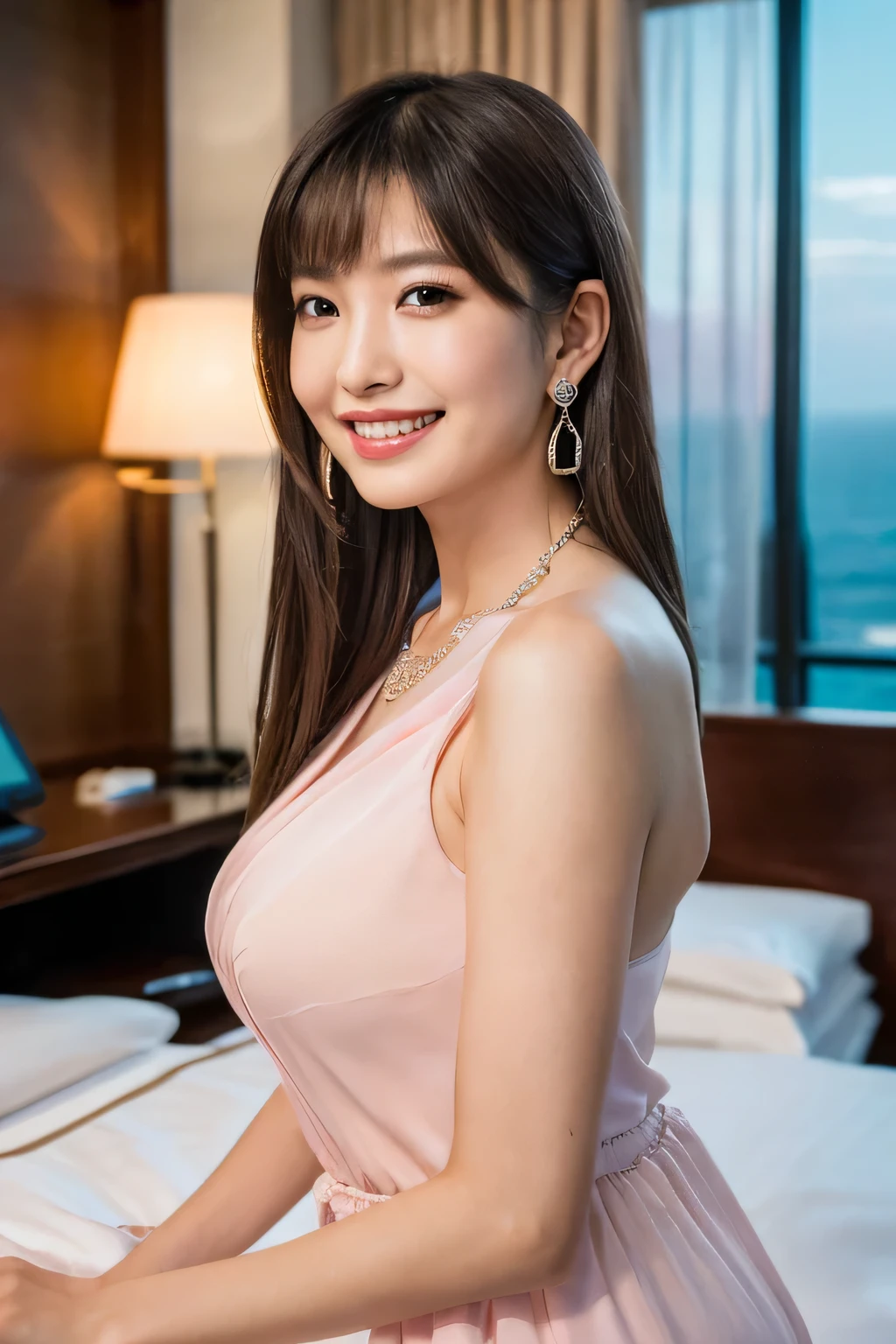 ((Tabletop:1.4, highest quality)), (Realistic photos:1.4), 
((girl 1 person)), (Pure actress),
(超High resolution:1.2), Very delicate and beautiful, wonderful, very detailed Cg Unity 8K wallpaper, Very detailed, High resolution, 
Soft Light, Beautiful detailed girl, Very detailedな目と顔, Beautiful and detailed nose, Beautiful and detailed, 
(wear a proper dress:1.3), 
Cinema Lighting, Perfect Anatomy, Slender body, , (Parted bangs),
Cowboy Shot, Looking at the audience, smile,
1 person, A beautiful face with intelligence, Nogizaka Idol, 

((On a glass bed in a luxury hotel, Dim lighting, The light shines:1.2)), 
((The large windows overlook the ocean horizon.:1.2)), 

((Beautiful female announcer,Gentle smile:1.5)),
((Gorgeous Earrings, Silver Necklace:1.2)), 

((Sexy atmosphere, Pink room, Staring with an erotic gaze:1.5)),