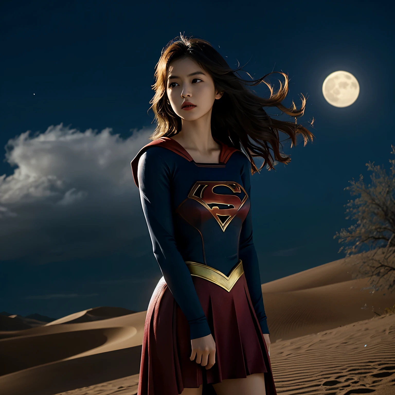 Supergirl、正確なSupergirlの衣装、desert、Prisms、Sand Dust、A cloak fluttering in the wind、cloud、night、moon、