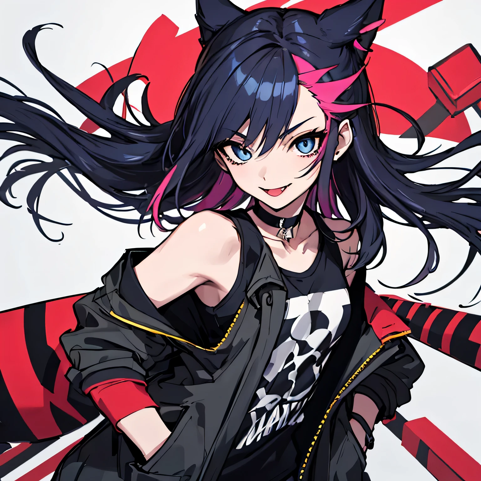 (nonsense, 8k, 4k, Masterpiece, Hyper Extreme is very detailed.:1.2), alone, 1 girl, front view, perfect face, 1 girl, Portrait, expressive eyes, alone, stand, female, perfect hand, Pale skin, Friendly, excited, punk rock, long hair, colorful hair, black choker, Black Lipstick, penetration, Ear penetration, Lip penetration, Nose penetration, small breasts, smile, Street clothes, half body, perfect anatomy, hands in pocket, graphic t-shirts, Anatomically correct, cowboy shoot, no background, blank background, arms behind, Cover the chest, white background, bare shoulders,