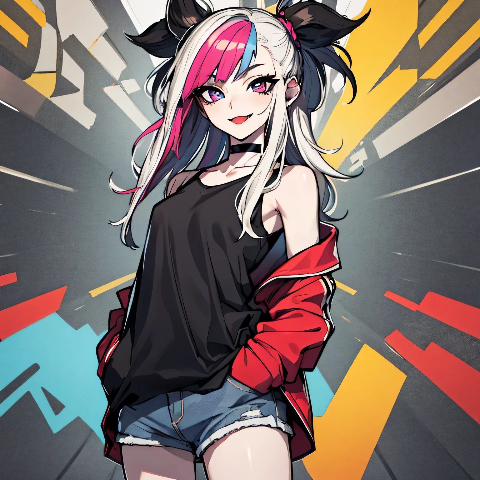 (nonsense, 8k, 4k, Masterpiece, Hyper Extreme is very detailed.:1.2), alone, 1 girl, front view, perfect face, 1 girl, Portrait, expressive eyes, alone, stand, female, perfect hand, Pale skin, Friendly, excited, punk rock, long hair, colorful hair, black choker, Black Lipstick, penetration, Ear penetration, Lip penetration, Nose penetration, small breasts, smile, Street clothes, half body, perfect anatomy, hands in pocket, graphic t-shirts, Anatomically correct, cowboy shoot, no background, blank background, arms behind, Cover the chest, white background, bare shoulders,