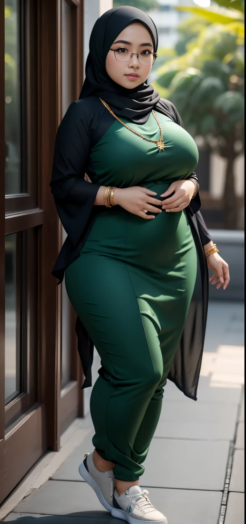 1 malay girl, modern plain hijab, shy, medium portrait, watery eyes, wearing dark green kebaya, ((big breasts)), black bokeh background, well-proportioned body,, chubby massive thighs, full body pose, wearing a necklace , wearing 10 bracelet , wearing a sneaker , glasses 