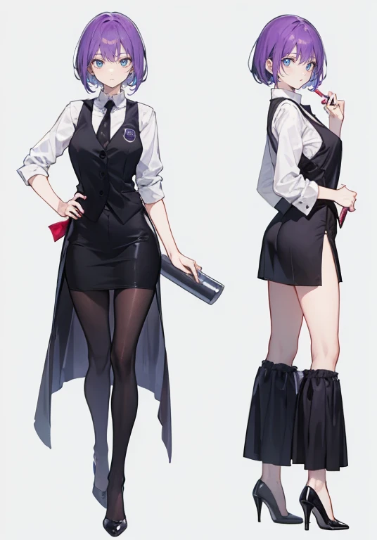 ((Perfect Face)),Purple Hair,Very Short Hair,1 female,bartender,,Black vest,Shirt with rolled up sleeves,tie,slit,High heels,,((Simple Background)),smile,((Full Body)),((full body)),