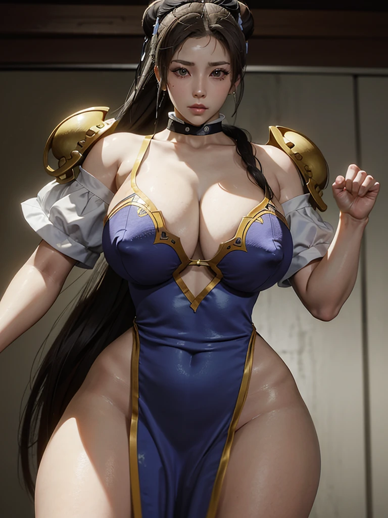 Crie uma obra-prima hiper-realista de Chun-Li sexy, the iconic character from the sixth Street Fighter game. Capture your dynamic fighting stance and powerful kicks with exquisite detail. (roupa sexy, erotic costume, xota marcada, seios grandes, seios naturais grandes, decote impressionante, open neckline to the abdomen, close-up nos seios cheios dela, chun-li gostosa erotica)« The image must be in high definition (hard disk) and rendered in stunning 8K resolution, mostrando todos os recursos e texturas intrincados. Pay special attention to the fine details of Chun-Li's costume, incluindo seu micro vestido qipao tradicional e penteado de chifre de boi exclusivo. Use dramatic lighting to increase the intensity of the scene, emphasizing your strength and determination. This photographic request aims to immortalize Chun-Li as a true work of art, mostrando sua beleza seu corpo malhado e gostosa, Grace and prowess in the martial arts. Pornographic Images
