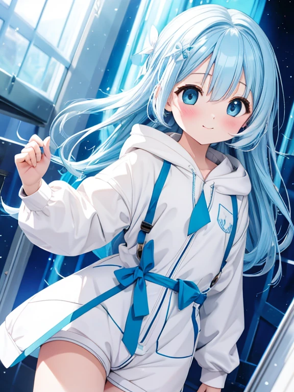 Masterpiece, best quality, extremely detailed, (illustration, official art: 1.1), 1 girl, ((light blue hair))), light blue hair, 10 years old,  ((blush)), cute face, big eyes, masterpiece, best quality, ((a very delicate and beautiful girl)))), amazing, beautiful detailed eyes, blunt bangs (((little delicate girl)))), tareme (true beautiful: 1.2),Official art、Top quality ultra-detailed CG art、a beauty girl：１.２）、lightblue hair、Glossy hair、 , ,smile,masterpiece, best quality, 8k resolution, sharp focus, intricate detail, beautiful girl, (flat chest)),, face,,sparkling eyes, golden ratio face, otherworldly liquid, watercolor, ((top-quality)), ((​masterpiece)), ((ultra-detailliert)), (Extremely delicate and beautiful), girl with, solo, cold attitude,((White hoodie)),She is very(relax)with  the(Settled down)Looks,depth of fields,Evil smile,Bubble, under the water, Air bubble,Underwater world bright light blue eyes,inner color with bright gray hair and light blue tips,,,,,,,,,,,,,,,,,,,,,,,,Cold background,Bob Hair - Linear Art, shortpants、knee high socks、White uniform like 、Light blue ribbon ties、Clothes are sheer、The hand in my right pocket is like a sapphire,Fronllesse Blue, A small blue light was floating、fantastic eyes、selfy,Self-shot、Bangs fall on the eyes, give a sexy impression.