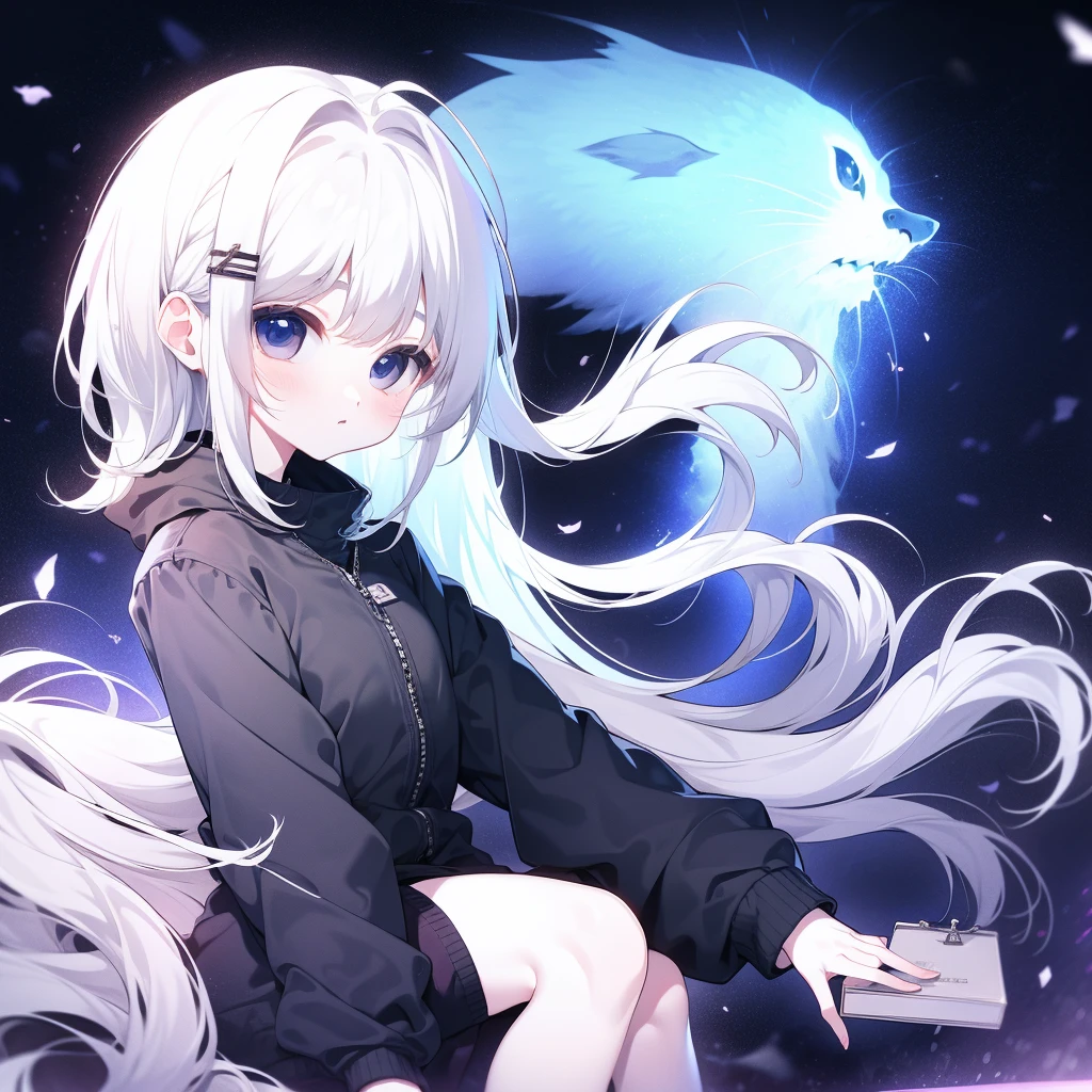 White Hair,Girl,KHD,4K,Expressionless face,Anime Style,profile,Night sky background,Spring Casual Fashion,