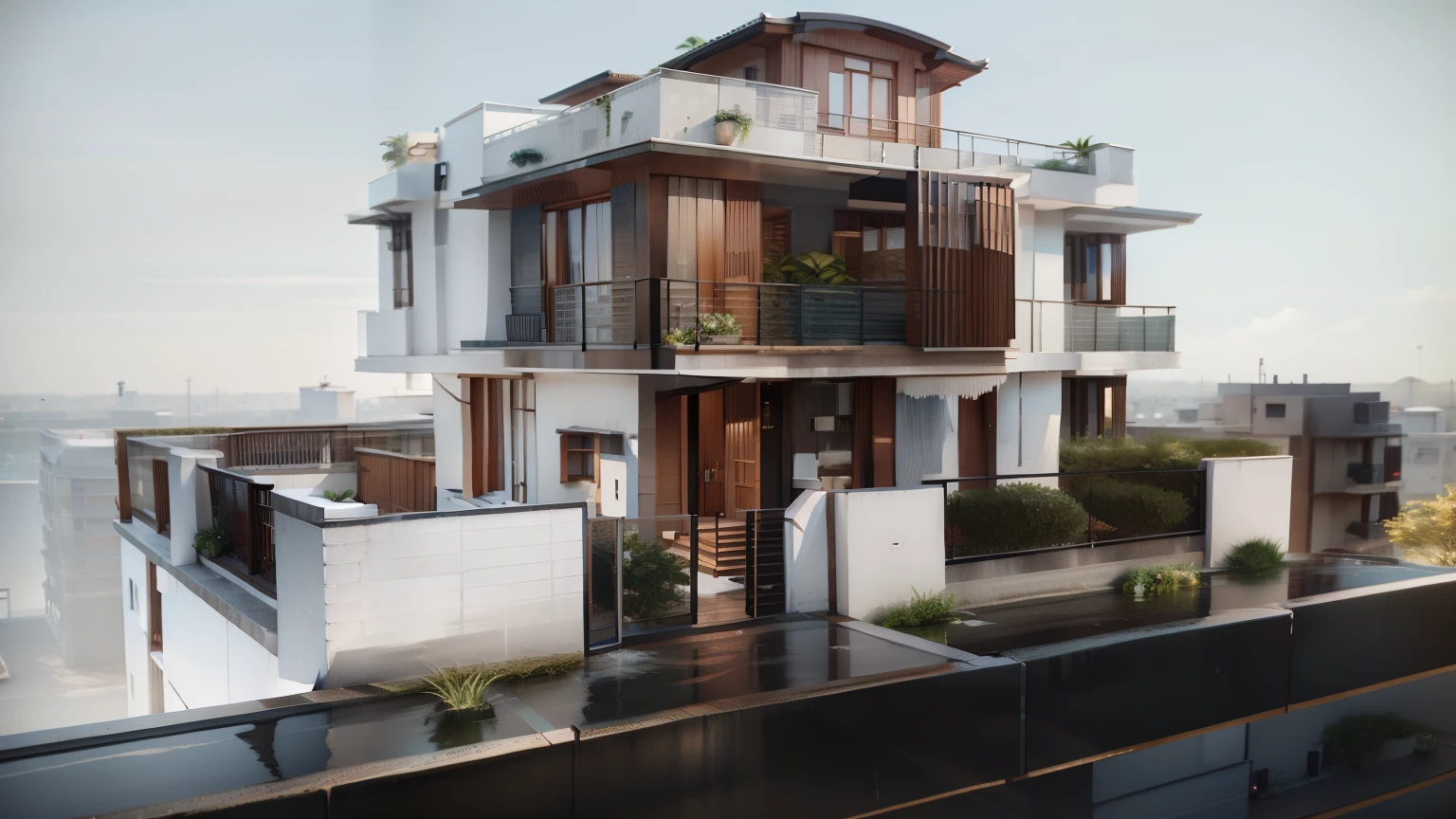 Araf view of two-story house with balcony and balcony, Complete House, Housing Design, 3D Rendering, 3D Rendering, Luminance Renderinging, Fully detailed rendering, Rendering in Lumion Pro, Appearance design, Highly detailed rendering, Luminance Rendering, Very detailed rendering, Japanese Houses, Rendering in Vray, Overall architectural design, Building 3D rendering
