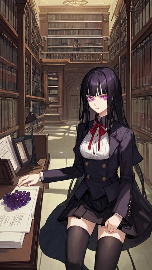 Mandy hates noises, she's an introvert, she loves to be alone. Her hair is black and suits her personality and her eyes are violet like the grapes. She wears uniform since she is a student her favorite place is the library where is quiet and peaceful. BACKGROUND: LIBRARY