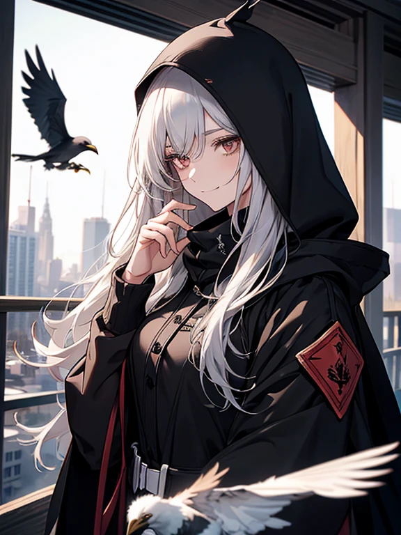 (Confused, High resolution, Very detailed), 1 female, Silver Hair,Long Hair,Crow,後ろを飛ぶCrow,Carry on your shoulders,Reddish brown eyes,Black hooded pilot coat,Black and white suit,20th Generation,Beautiful woman,A shy smile,thin,Are thin,quiet,Calm,Carrying a white Crow,Accompanied by many white Crows,