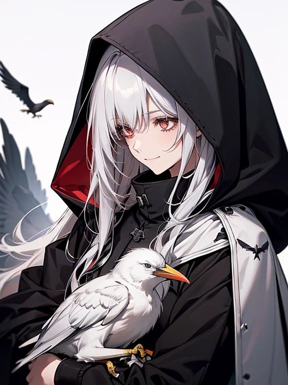 (Confused, High resolution, Very detailed), 1 female, Silver Hair,Long Hair,Crow,後ろを飛ぶCrow,Carry on your shoulders,Reddish brown eyes,Black hooded pilot coat,Black and white suit,20th Generation,Beautiful woman,A shy smile,thin,Are thin,quiet,Calm,Carrying a white Crow,Accompanied by many white Crows,
