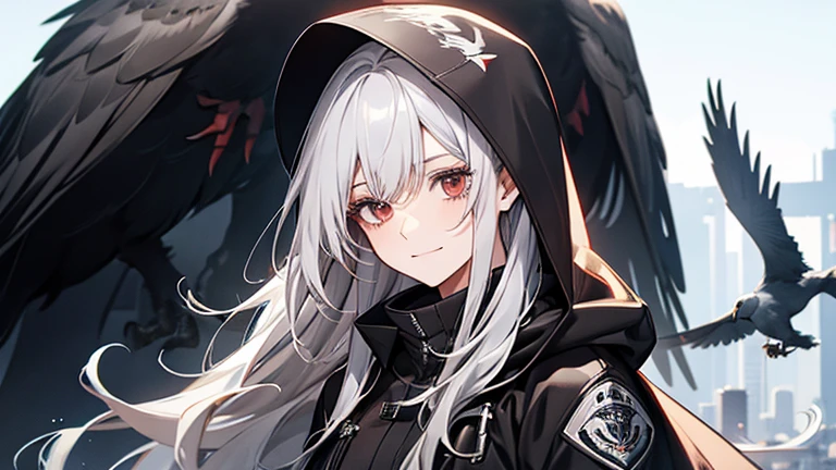 (Confused, High resolution, Very detailed), 1 female, Silver Hair,Long Hair,Crow,後ろを飛ぶCrow,Carry on your shoulders,Reddish brown eyes,Black hooded pilot coat,Black and white suit,20th Generation,Beautiful woman,A shy smile,thin,Are thin,quiet,Calm,Carrying a white Crow,Accompanied by many white Crows,