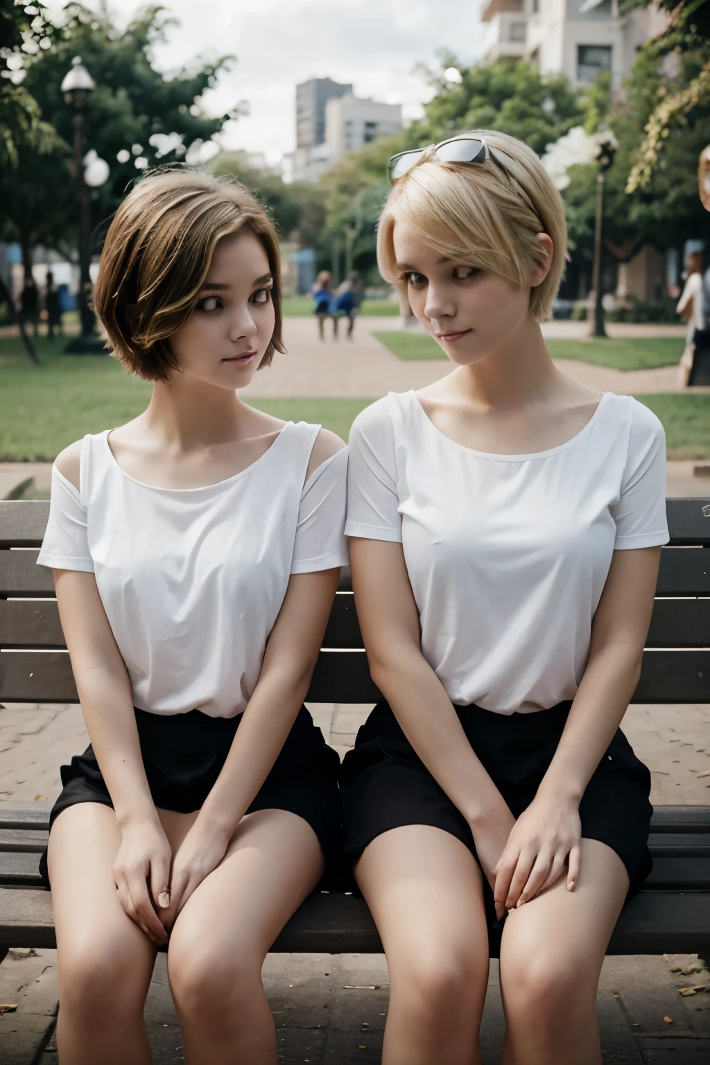 make two twin girls back to back with short hair above the shoulder a blonde woman and a boy all sitting on the park bench pixar, 3D em preto e branco