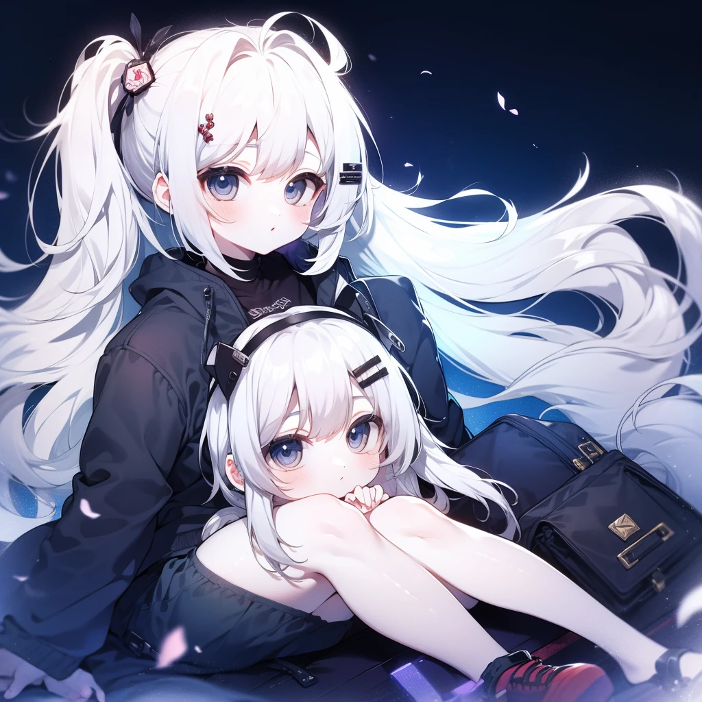 White Hair,Girl,KHD,4K,Expressionless face,Anime Style,profile,Night sky background,Spring Casual Fashion,((Three white eyes)),