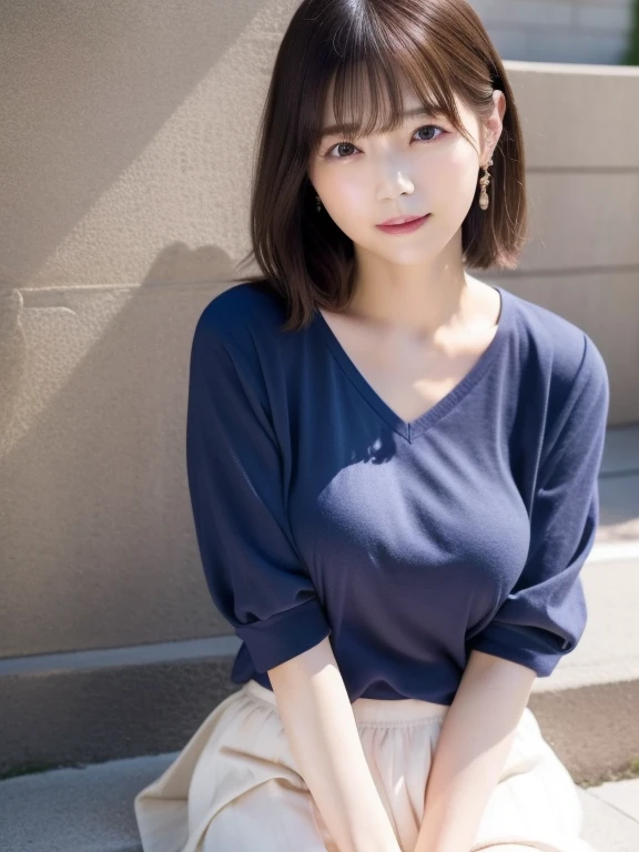 ((masterpiece))、((highest quality))、photograph、reality、high resolution、Very detailed、Married women、40 years old、(Plump body)、Delicate features、short hair、Realistic background and accessories、Big and ample breasts、Sexy smile、Street Corner、Stand leaning against the wall、Tight knit skirt、Deep V Neck Shirt、Deep Shadow、Wide-angle、evening、Her face is perfect, Nanase Nishino