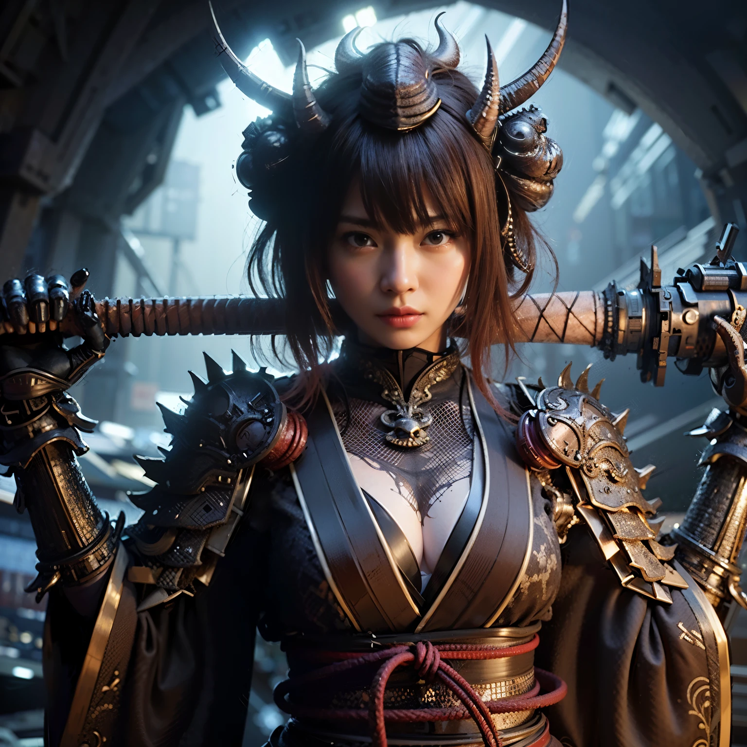(Masterpiece, Best Quality: 1.2), (8K UHD, 16K, 32K, Ultra High Resolution), (Photorealistic: 1.37), (RAW Photo), Ultimate Reality, Ultimate Realistic Detail, Ultimate Realistic Texture , extremely intricate details (mechanical armor fused with a snail), power pipes, easy to understand, extremely intricate details, Japanese female soldier wearing mechanical armor, extremely cute face, extremely beautiful face, realistic, Full body shot, shot from the dawn of a secret base, cyberpunk