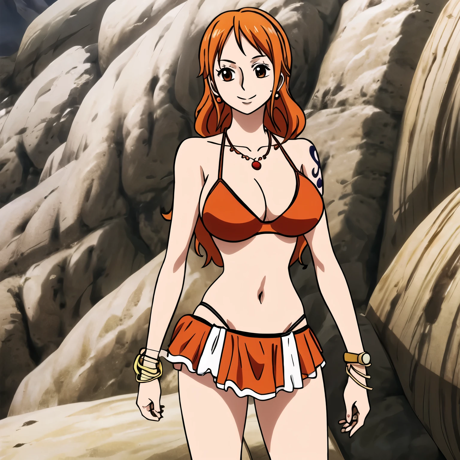 4k,hd,8k,cg,anime chisato,nami,solo, orange hair,brown eyes,long hair, jewelry,tattoo,bracelet, earrings, red dress,red sleeveless,red turtleneck,red sleeveless,red bikini, bare shoulders,large breasts,cowboy shot,standing,lower body,outdoors,smile,closed mouth,blush, 