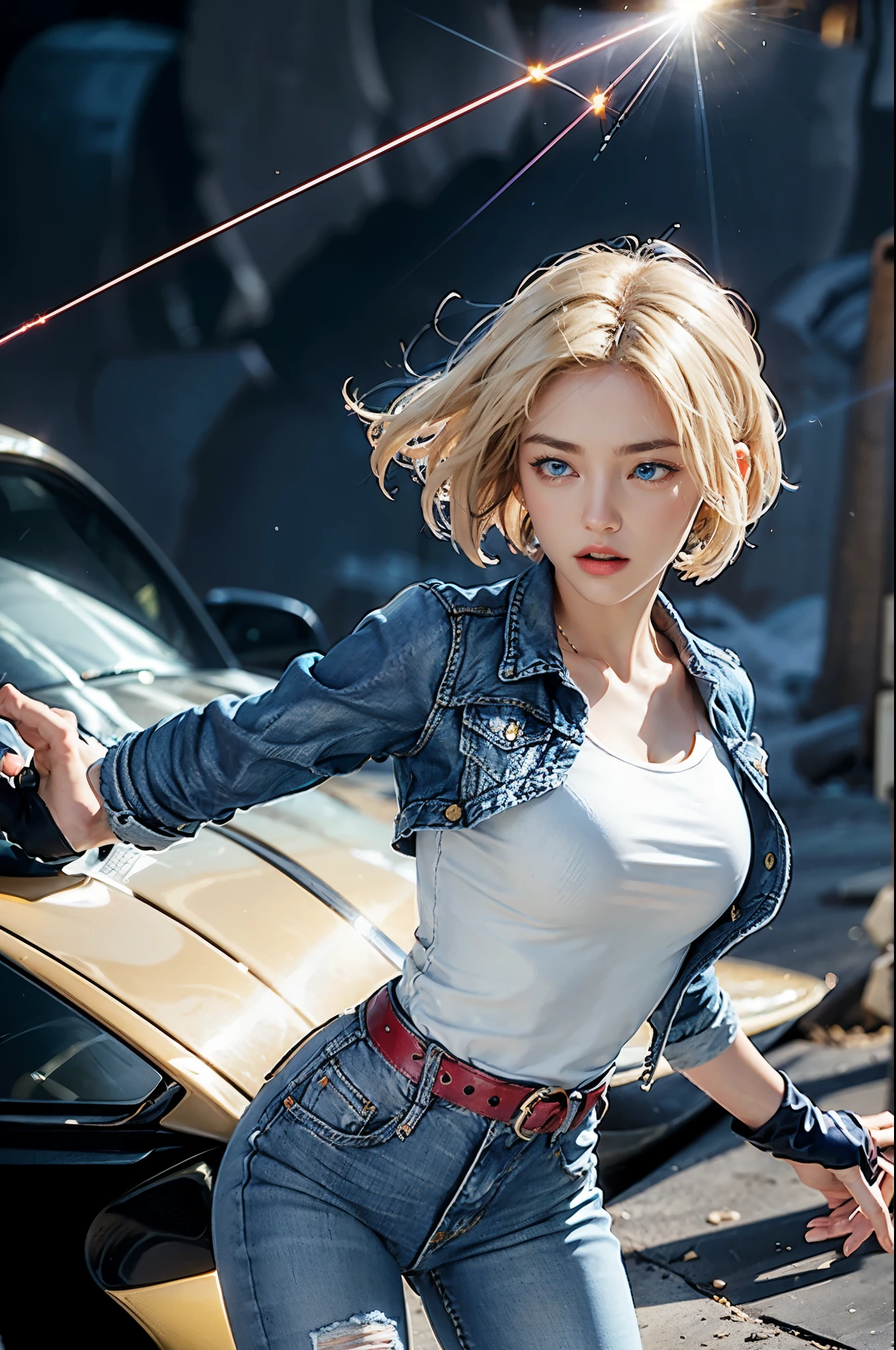 (((1 girl, Lovely, denim jacket, White top, jeans, Gloves, blond, short hair, Bob Hair, Side parting, blue eyes))), (((blond hair))),
Dynamic poses, Comic Style, Portray a group of characters in various action scenes, From intense battles to relaxing moments, Featuring dramatic speed lines and bold sound effects, Capture the excitement and energy of your story, Laser rays from the palm of your hand, Attack with palm forward, Yellowstone National Park, great canyon,