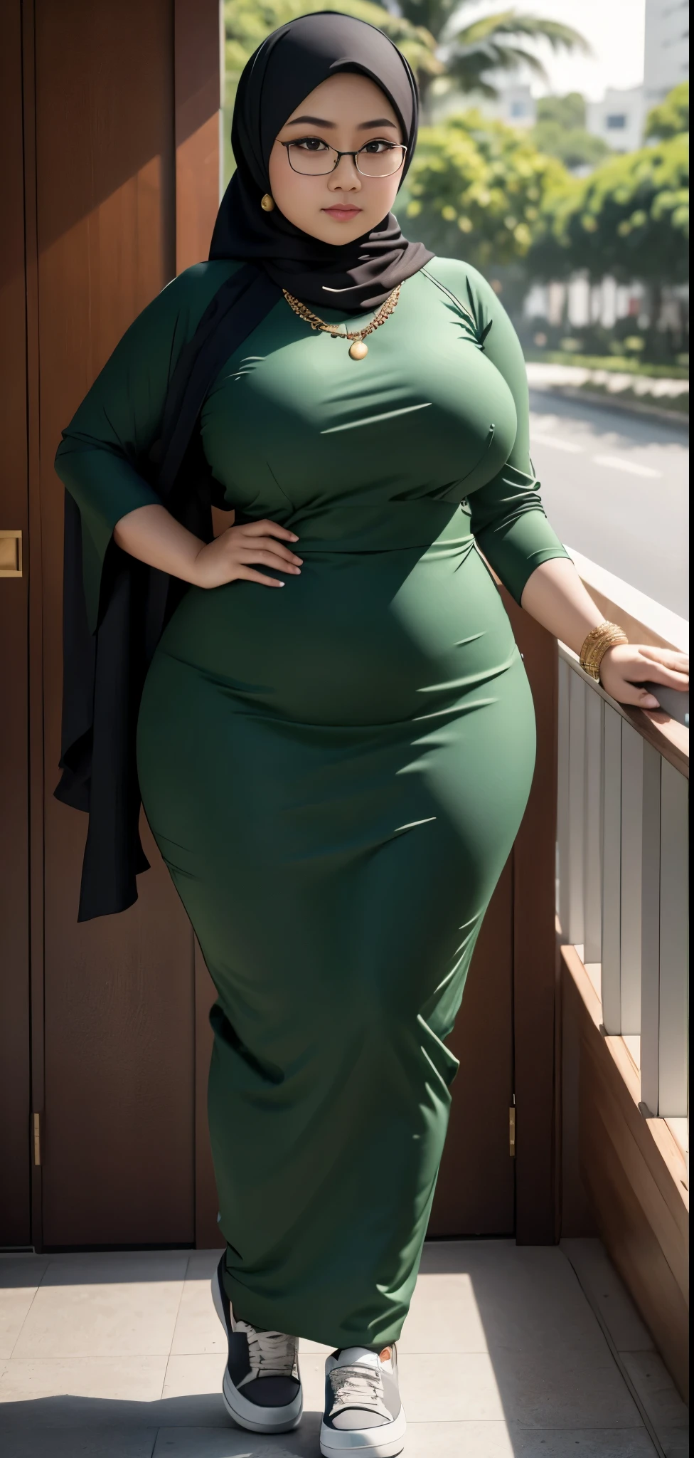 1 malay girl, modern plain hijab, shy, medium portrait, watery eyes, wearing dark green kebaya, ((big breasts)), black bokeh background, well-proportioned body,, chubby massive thighs, full body pose, wearing a necklace , wearing 10 bracelet , wearing a sneaker , glasses 