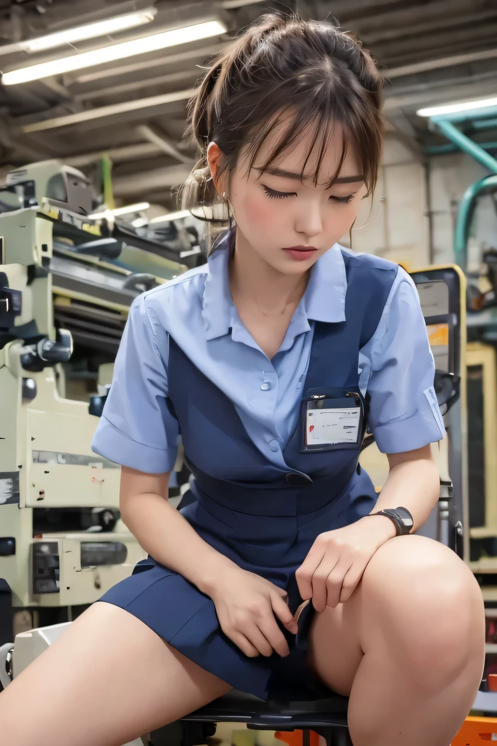 a women, (((round face, hair up))), factory clerk, wearing work clothes, skirt, straddling to hit her crotch on a machine corner, open legs, raise leg, ecstasy face, in the factory, machines, ceiling, nameplate, id card