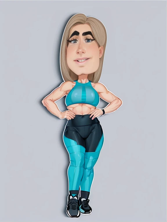 digital drawing, 4k, Fitness Model, cartoon woman in blue blouse and black pants with a big belly, shaded cel:15, shaded cel!!!, cartoon style, cartoon style, upper body avatar, digital art cartoon, caricature, cartoon art style, show rendering, caricature, full body portrait of a short!, full body portrait, cel shaded vector art, cel shaded