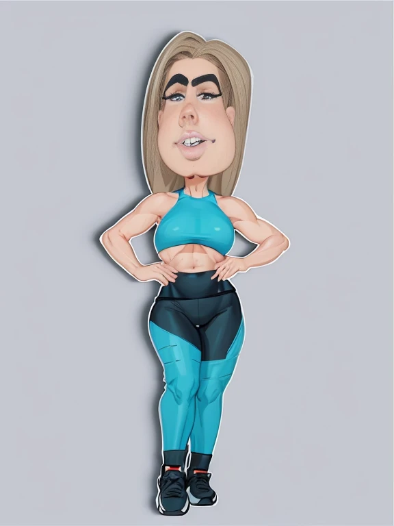 digital drawing, 4k, Fitness Model, cartoon woman in blue blouse and black pants with a big belly, shaded cel:15, shaded cel!!!, cartoon style, cartoon style, upper body avatar, digital art cartoon, caricature, cartoon art style, show rendering, caricature, full body portrait of a short!, full body portrait, cel shaded vector art, cel shaded