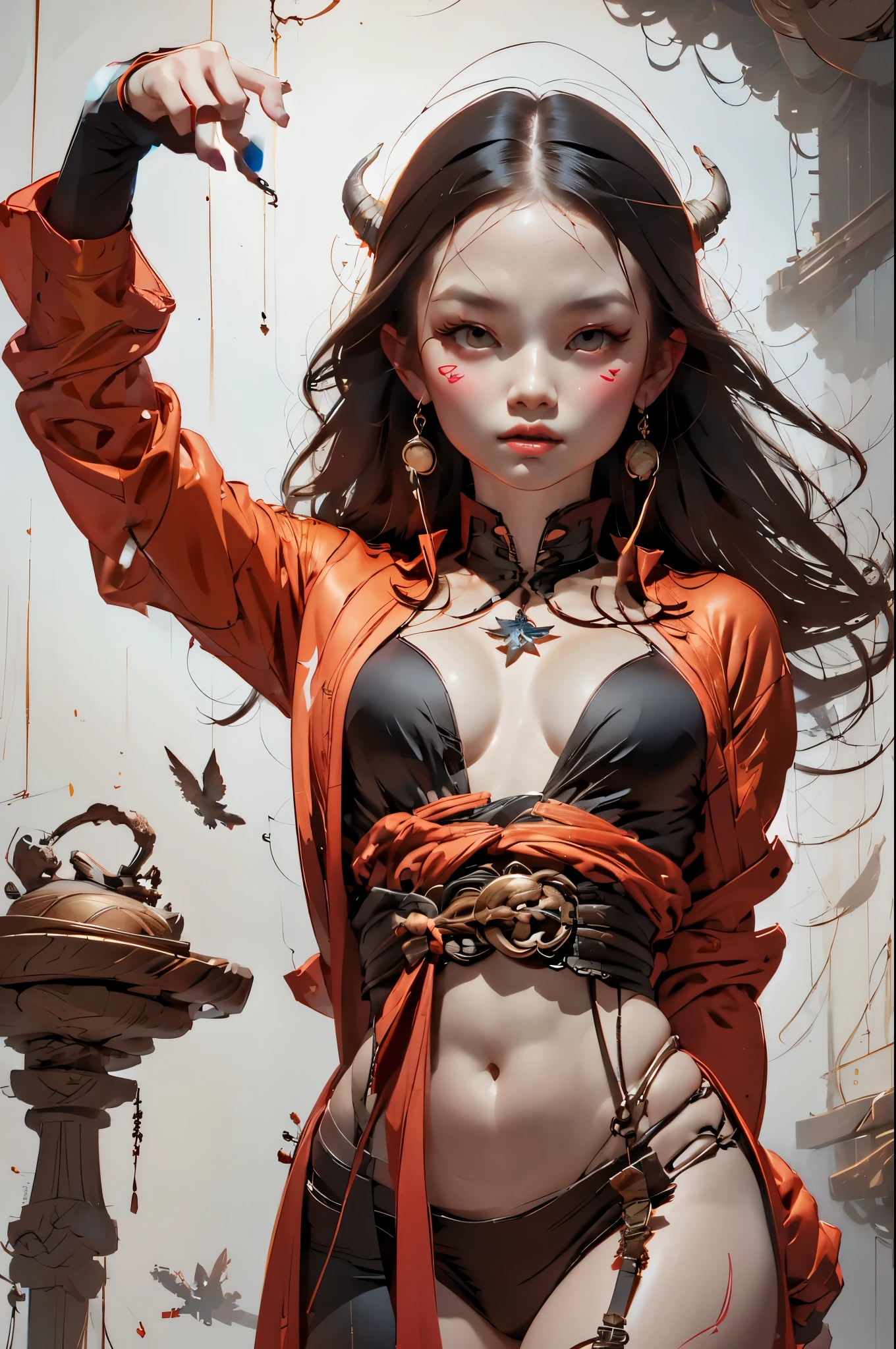 ((draw a beautiful, correct anatomical arm-hand))Arafed woman in bikini and orange jacket posing for a photo, Artgerm and Ruan Jia, ruan jia and artgerm, wlop and ross tran, Ross Tran 8 K, Artgerm Julie Bell Beeple, Ross Tran and Vlop, Karol Buck, contract, Ruan Jia and Stanley Artgerm