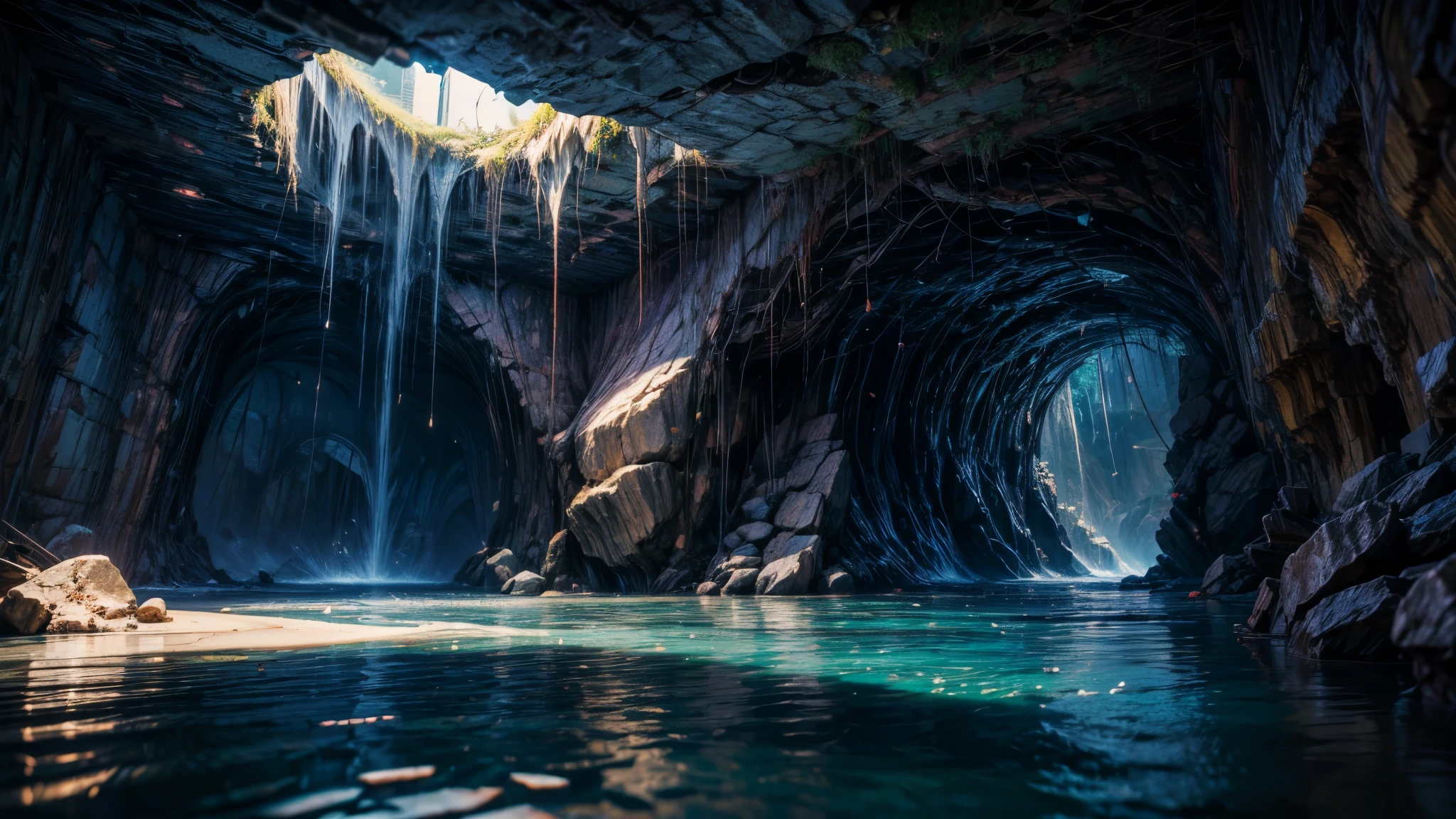  dark tall cave, floor is flooded, dim light, reflection of the celling on the water, huge stalactites on the celling, bright grey fog, calm, mysterious, dnd, dungeons and dragons, blue dim light, water dripping from the celling, pov, ray tracing, cinematic lighting, depth of field, wide shot, 8k, 4K, highres, best quality, award winning, super detail, masterpiece, retina