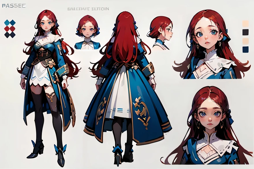 (Masterpiece, highest quality)), adult woman, detailed face, character sheet, concept-art, Full body, full of details, multiple poses and expressions, highly detailed, depth, many parts, 1girl, super long red hair, beautiful blue eyes