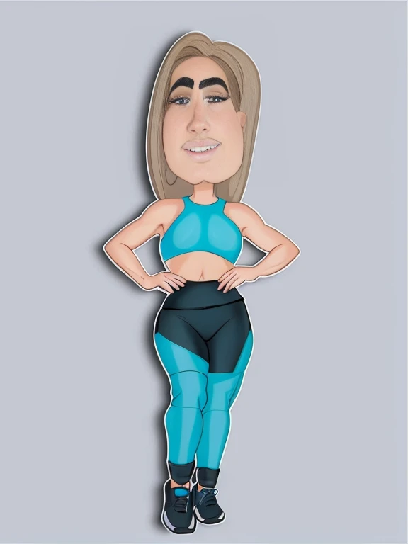 digital drawing, 4k, Fitness Model, cartoon woman in blue blouse and black pants with a big belly, shaded cel:15, shaded cel!!!, cartoon style, cartoon style, upper body avatar, digital art cartoon, caricature, cartoon art style, show rendering, caricature, full body portrait of a short!, full body portrait, cel shaded vector art, cel shaded