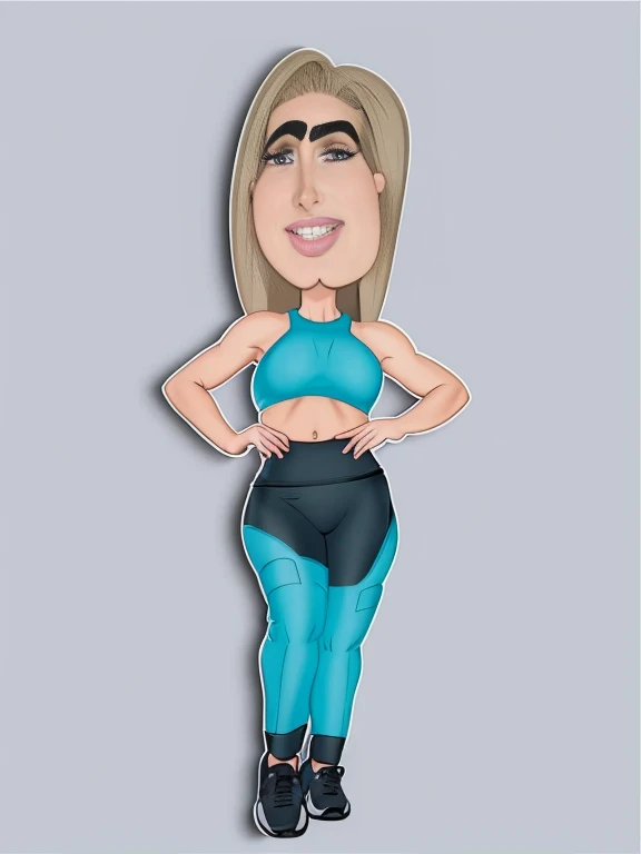 digital drawing, 4k, Fitness Model, cartoon woman in blue blouse and black pants with a big belly, shaded cel:15, shaded cel!!!, cartoon style, cartoon style, upper body avatar, digital art cartoon, caricature, cartoon art style, show rendering, caricature, full body portrait of a short!, full body portrait, cel shaded vector art, cel shaded