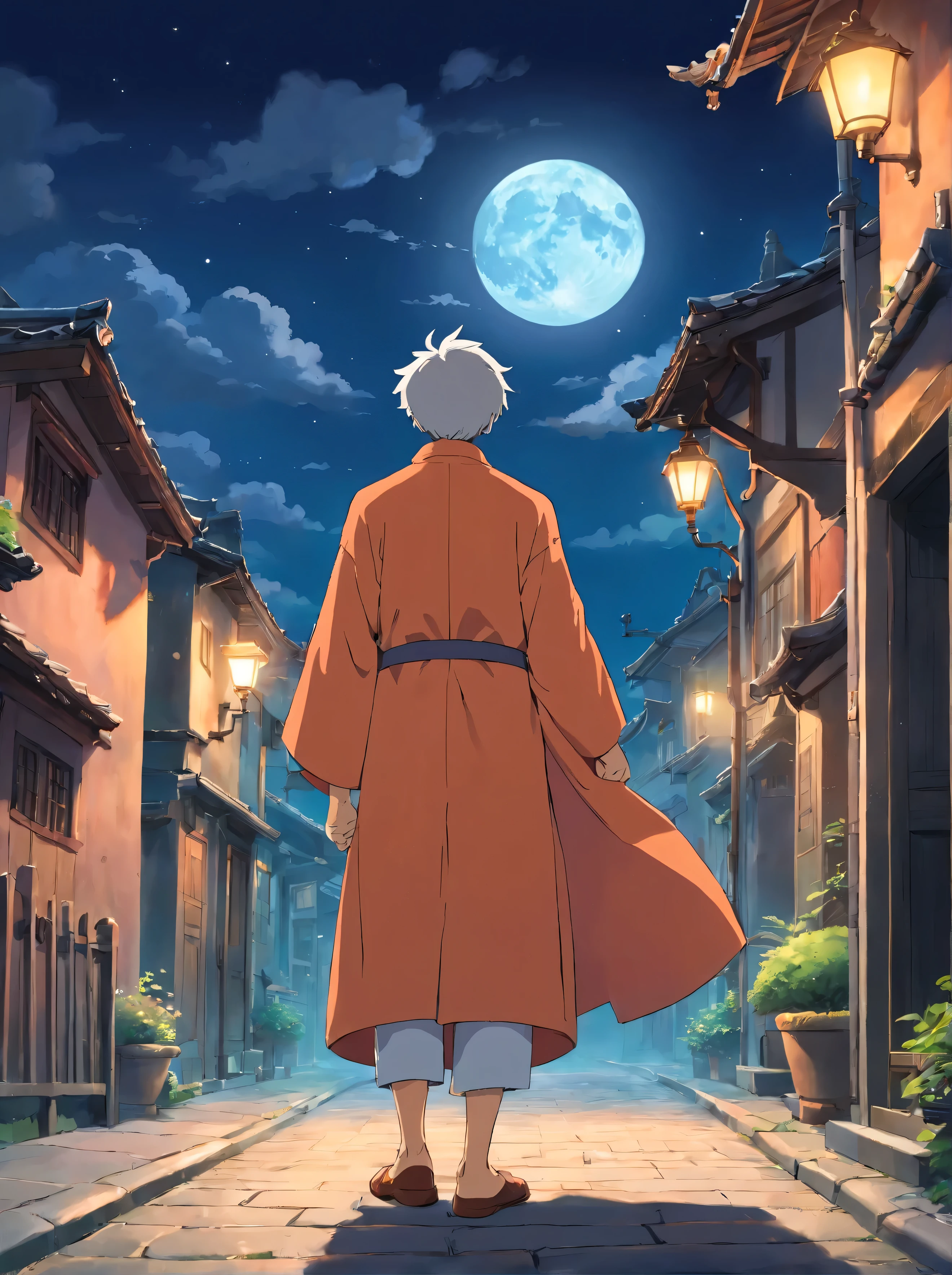 horror scene,nigth,Moon and big clouds,The silence is eerie,The wind outside was eerie, Silent street,Empty slate,The houses on both sides were illuminated by dim lights,In the middle of the street there is the back of a man with a bald head and a black robe,Holding a short wand in his hand。