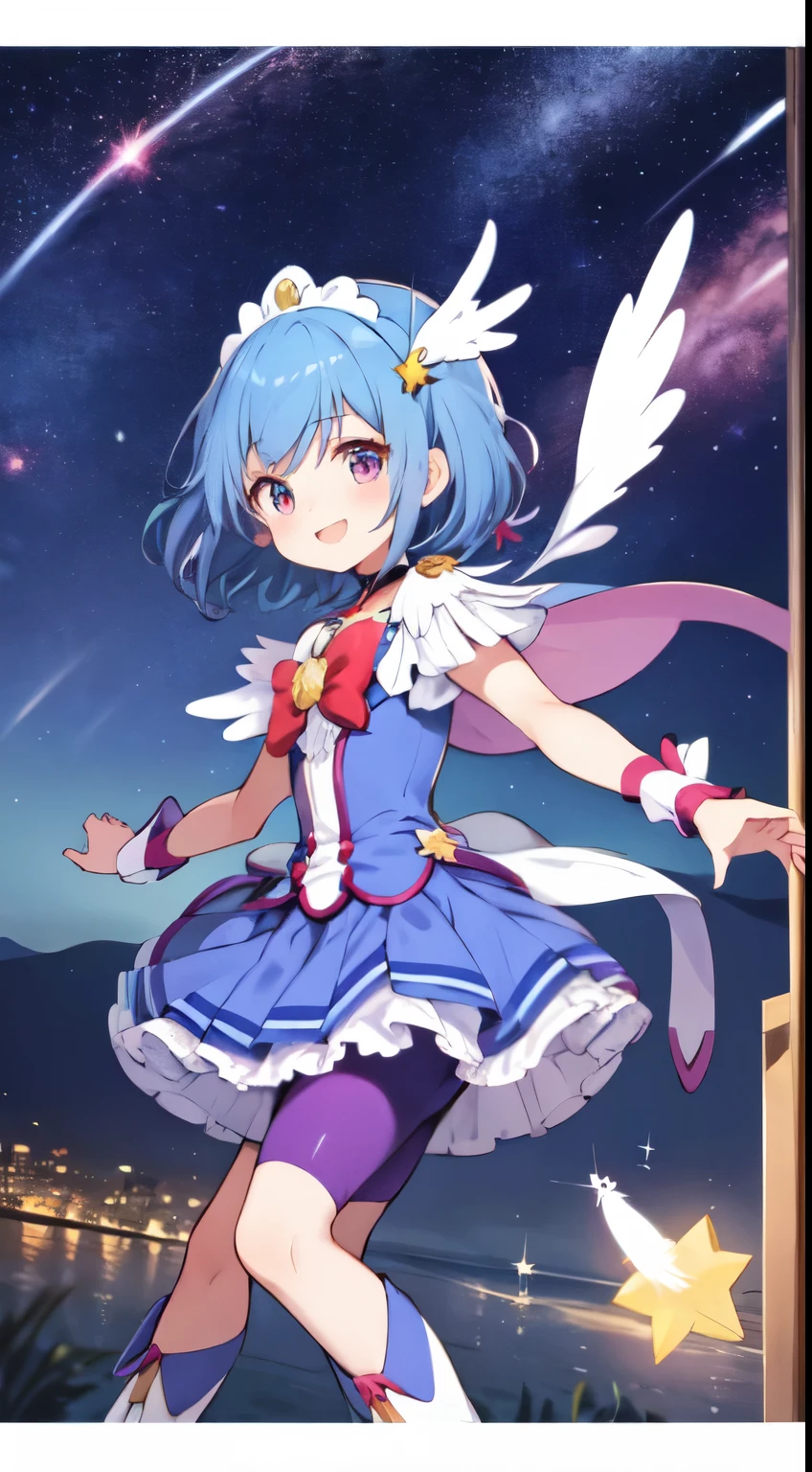 Tabletop, highest quality, Viewers facing forward, depth_In_Field, smile, Magical girl, Blue Hair, 短髪
One Girl, Cure happiness, Navy short hair, Feather hair ornament, Blue Skirt, Tierra, Wrist cuff, Navy shorts, shorts under the skirt,One Girl, Starry sky background