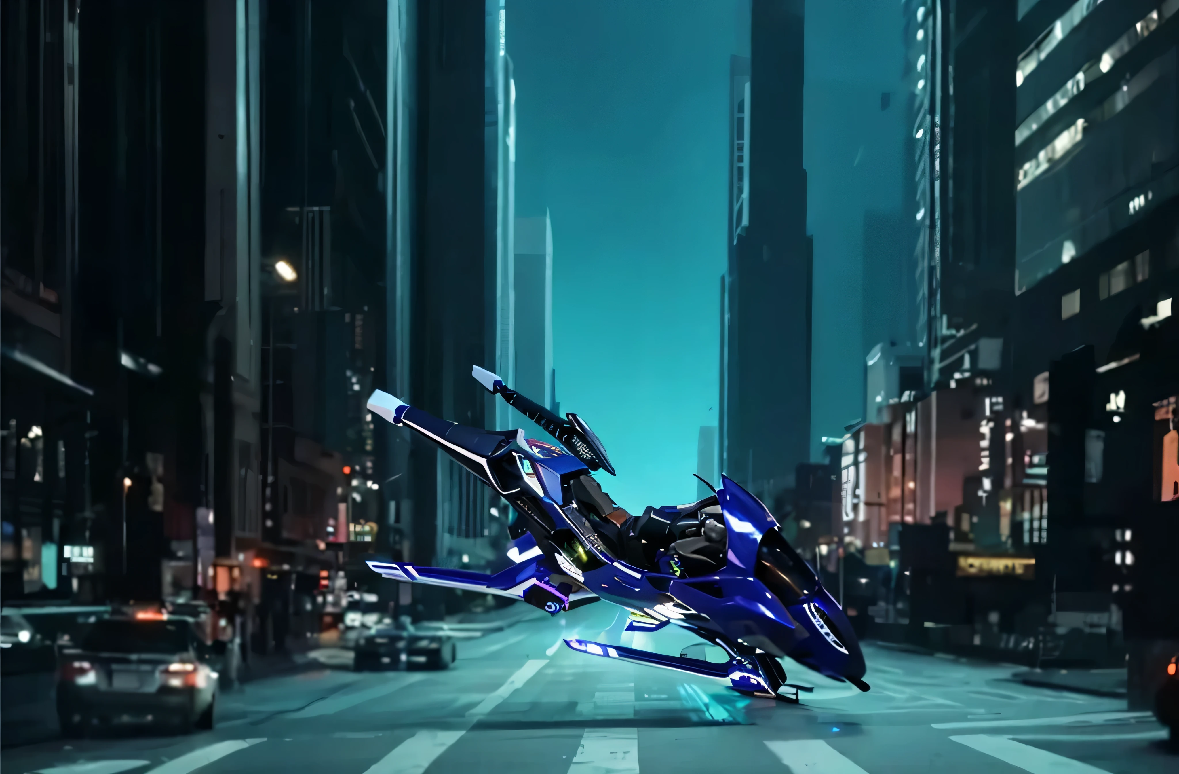 close up, futuristic motorcycle, sleek design, shining metallic surface, bright LED lights, aerodynamic shape, high-tech features, advanced controls, cutting-edge technology, powerful engine, glossy paint, dynamic curves, polished chrome accents, futuristic helmet, futuristic cityscape in the background, neon lights, glowing electric blue accents, speed and adrenaline, intense energy, fast-paced action. cyberpunk city background (best quality, highres), ultra-detailed, realistic:1.37, HDR lighting, vivid colors
