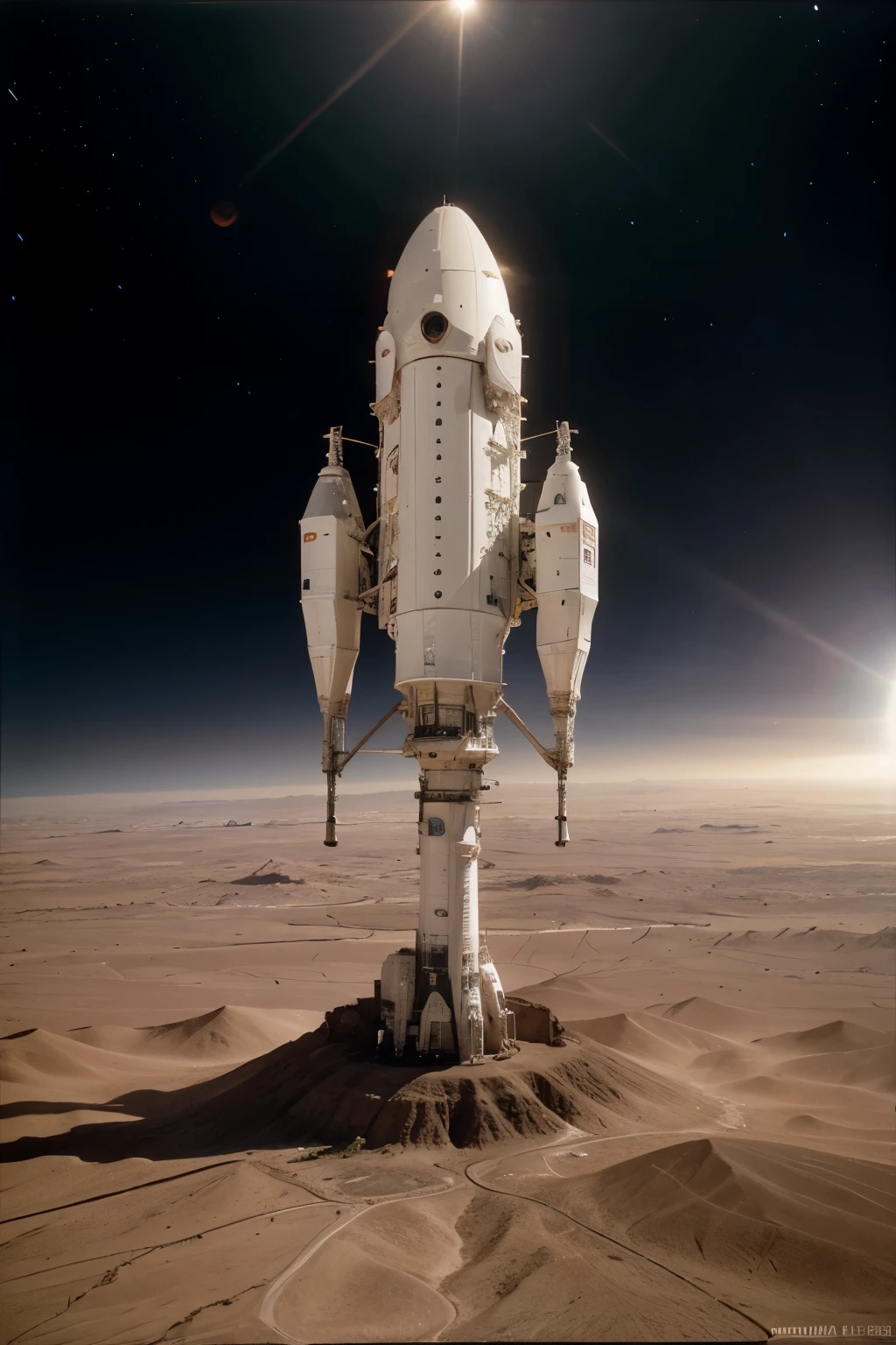 nave espacial encalhada, planeta vermelho deserto, "airbrush art" e cores quentes e cromado, alien ship, nasa